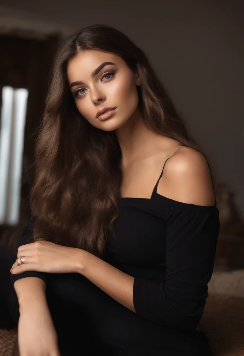 Arafed woman with black clothes, fille sexy aux yeux bruns, Portrait Sophie Mudd, cheveux bruns et grands yeux, selfie of a young woman, Yeux de chambre, Violet Myers, sans maquillage, maquillage naturel, looking straight at camera, Visage avec Artgram, Maquillage subtil, Superbe photo du corps entier, dans la chambre, clivage, espagnol,club