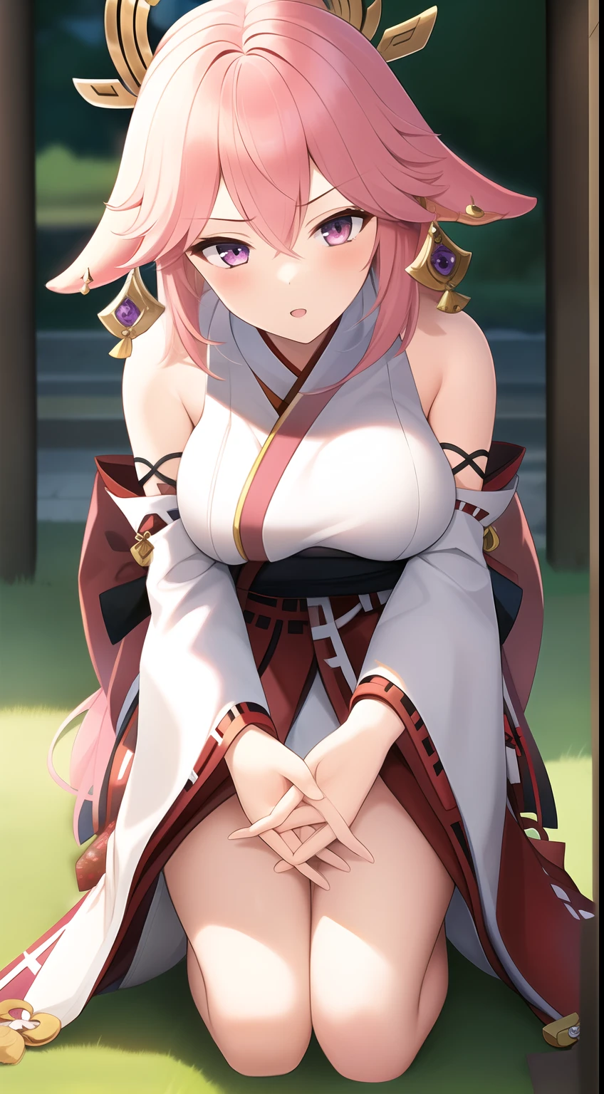 (masterpiece:1.0), (1girl), (breast), (hands on own knees), (smirk), (:o), (looking at viewer), from below, (grass), (yae miko), (yaemikodef), (pink hair), (hair bow), (japan)