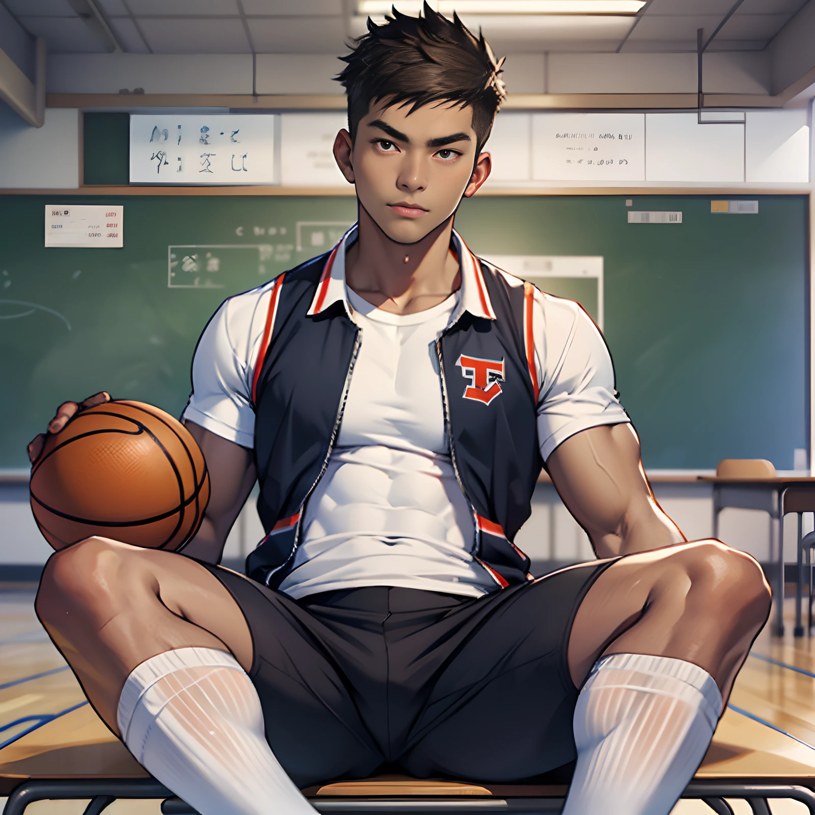 Physical Education Student，basketball suit，vests，A youth，Asian people，high school senior，‎Classroom，with brown skin，serious expressions，Hot gas，Keep one's mouth shut，Abs，full bodyesbian，solo person，bare-legged，Foot odor，dermatophytosis，white legwear，sitting down，Take off your pants，musculous