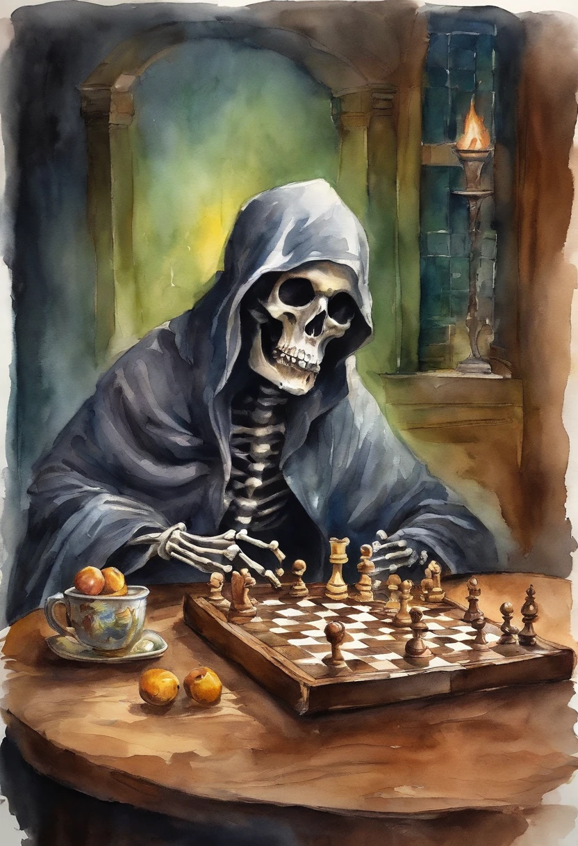 (Grim_Reaper in), (Skeleton_Monster), sits at a table, view the viewer, playing chess, Thinking, Confident demeanor, Masterpiece, Top quality, Best quality, High quality, Ultra-detailed, fire in the background, Vibrant colors, Solo, Extremely detailed