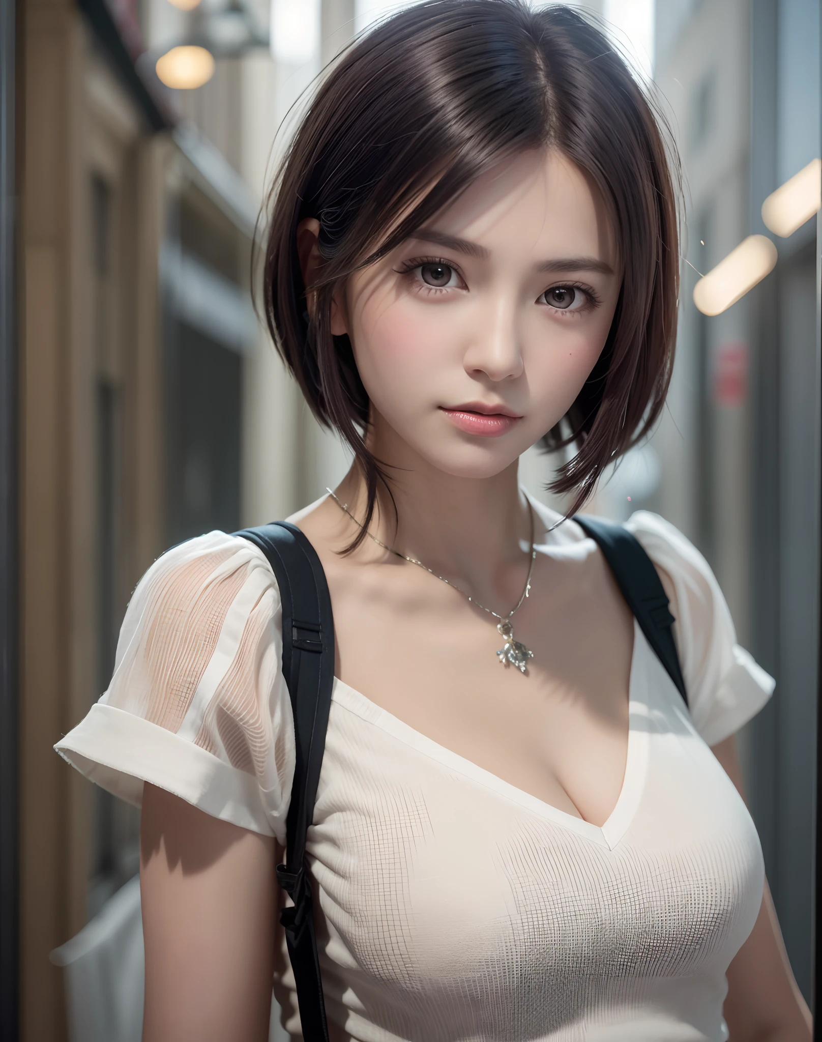 (masterpiece: 1.3), (8K, Photorealista, Photo Raw, top-quality: 1.4), full bodyesbian, Walking the streets of Tokyo, (1girl in), gorgeous faces, (lifelike face), (A dark-haired, short-haired: 1.3), Gorgeous hairstyle, realisticeyes, beautiful finely detailed eyes, (Pere Lealis...