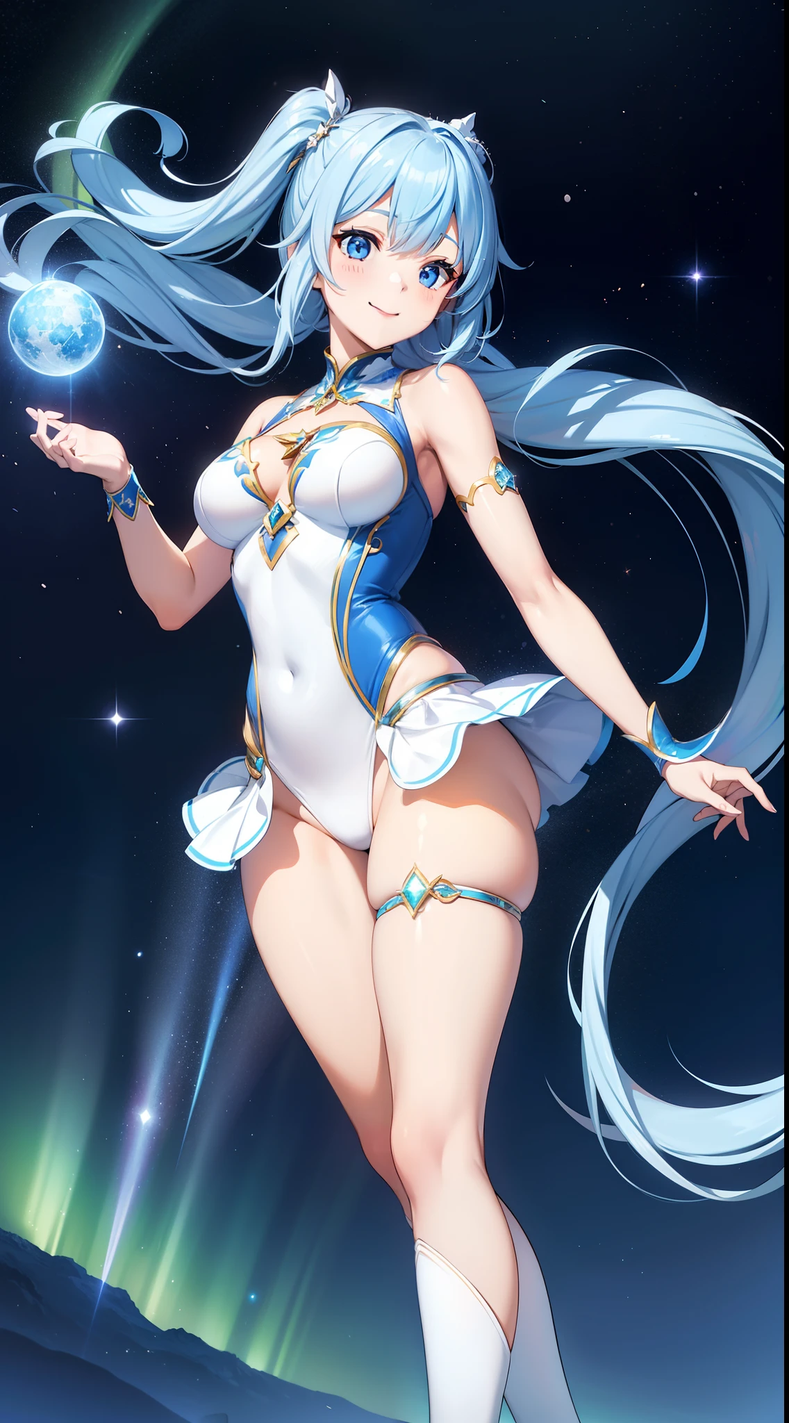 Super Idol a beauty girl A charming smile sky blue hair length hair Facing straight ahead Twin-tailed Glittering white leotard costume Mystical Fantasia constellation a moon Crystal Brilliance Aurora Borealis in the Night Sky