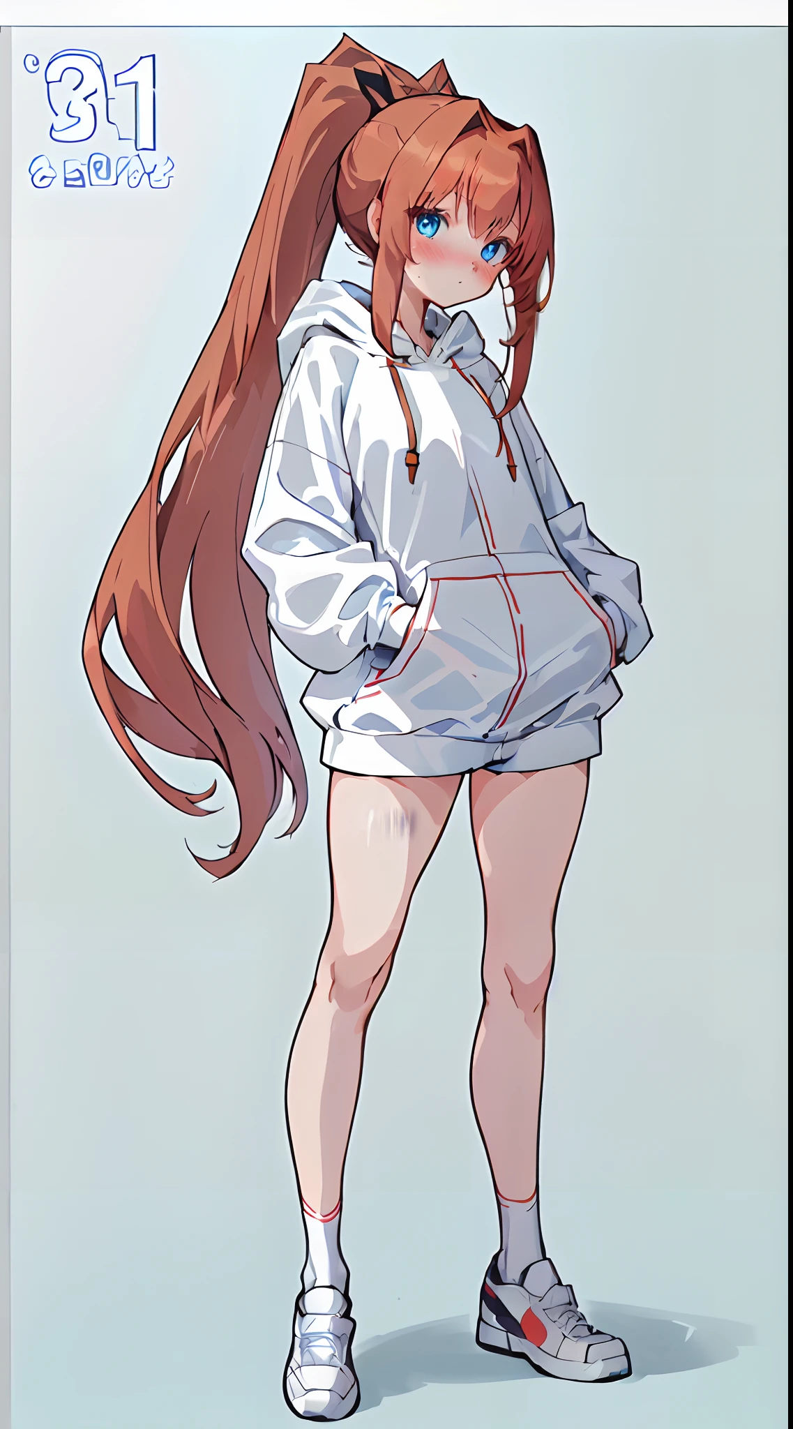 8K,High picture quality,Underage girls of the highest quality,(anime screenshot:1.2),Correct standing posture,(whaite hair:1.6),High ponytail,wide blue eyes,extremely detailed eye,blushed cheeks,is shy,rosto magro,slimfigure,Long hair,Hair sags naturally,Long hair and waist,By bangs,Dull hair,Dumb cute,Slender neck,鎖骨,White hoodie,Looming sports shorts,(Extremely slender legs:1.5),White sneakers,white legwear,Face to the audience,,perspire,(Clamp your legs),Hands naturally droop,(voluminous hair),full bodyesbian,