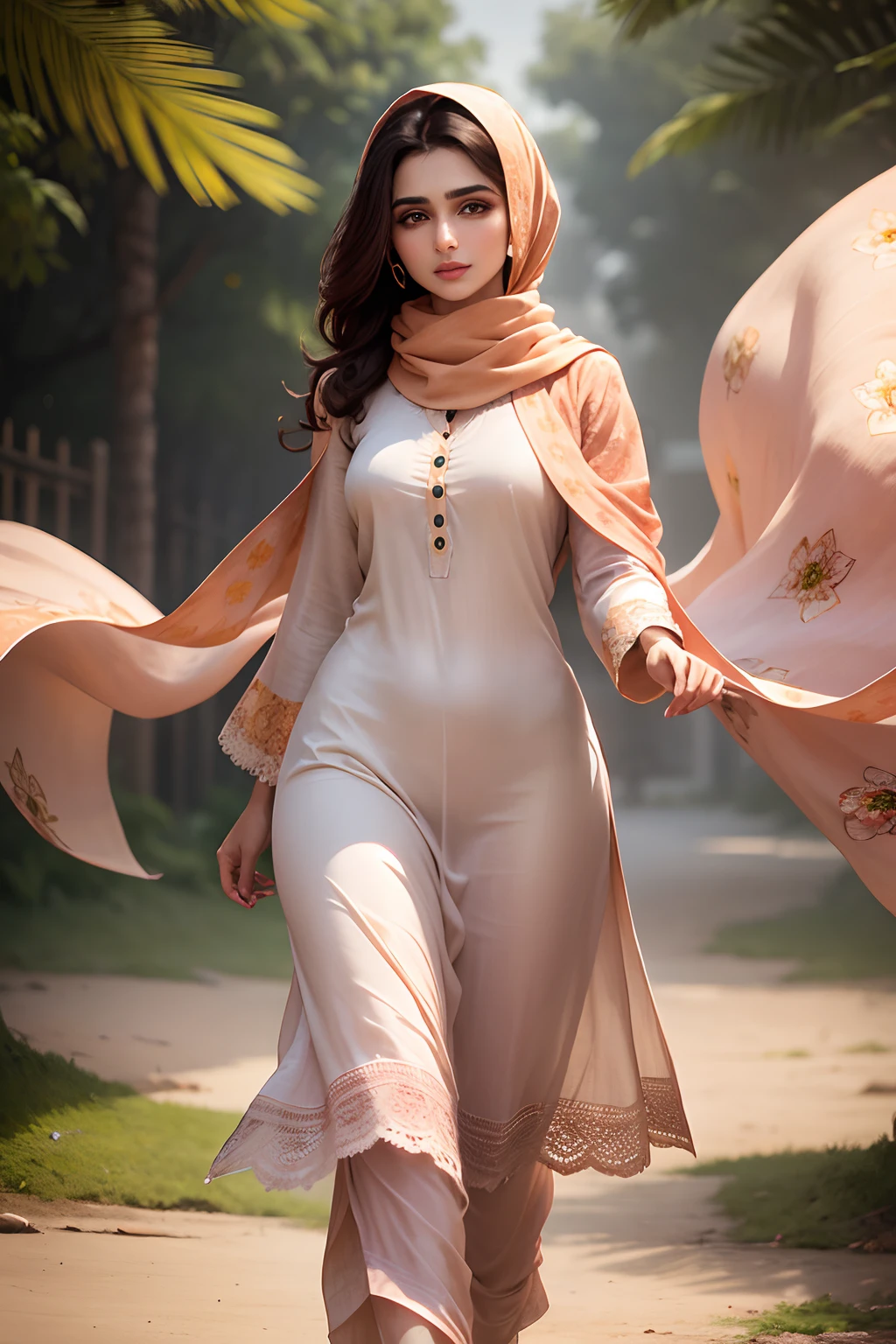 Super-realistic full-length Fashion photoshoot of a Pakistani fashion model woman, perfect face, perfect nose, perfect eyes, perfect lips, with dark brown hair, wearing (Gentle Tender Peach floral) cotton Pakistani summer modest lawn dress (shirt shalwar), wearing the scarf over chest and head, Panasonic GH5, happy expressions, low key image, sharp texture