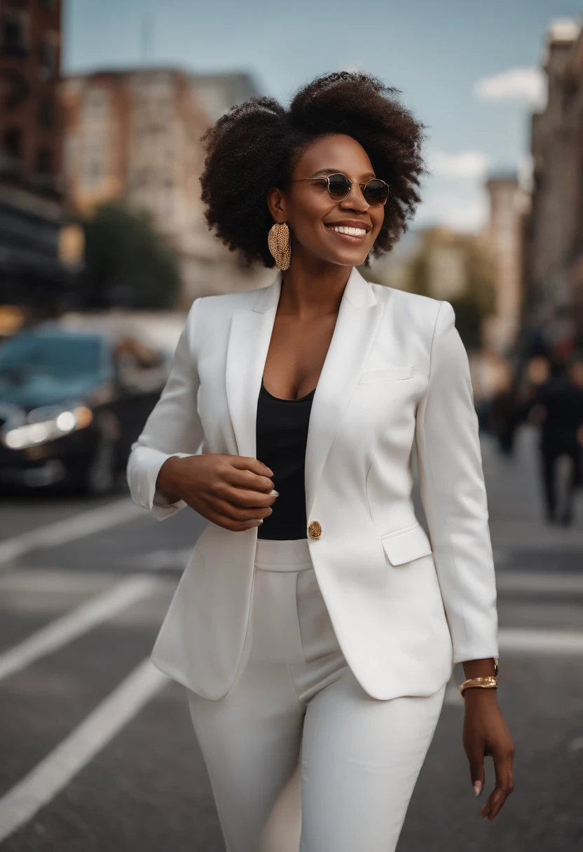 Ultra-realistic image of a smiling black woman in a white suit and gold hoop earrings walking down a city street, a beautiful city black woman only, girl in a suit, the woman in a business suit, girl in a suit, wearing a white suit, young businesswoman, ultra-realist, photo of a black woman, wearing a futuristic white suit, Meticulously portrait wearing a business suit, wearing a business suit, businesswoman, looking straight at camera outdoors business portrait, wearing a light blue suit