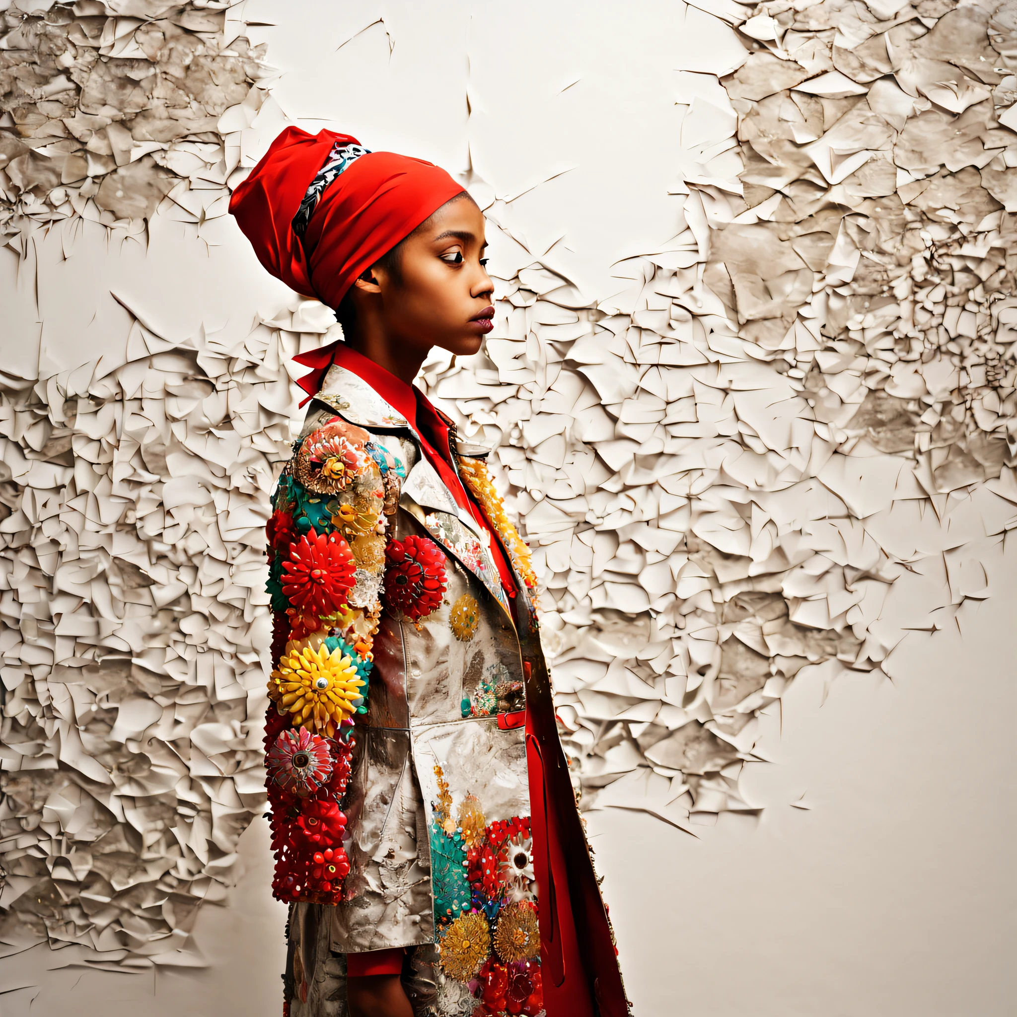 1little girl、(Old plaster:1.2), (Art by Joana Vasconcelos:1.4) ,Art by Valentine Penrose, photograph, Zoom out from stressed woman, Wearing an ingenious Islamic concrete trench coat, Fashion Modeling Pose, semilong hairstyle, Wearing a shiny bandana on his head, Sketched, Shameless, Lunapunk, flat lighting, White theme background