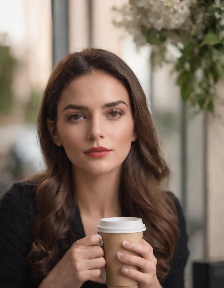 Fashion of the 2010s, Primer plano medio, Canon EF 85mm f/1.2L II USM, A woman is sitting with her coffee in a restaurant,(Pon tus manos debajo de la mesa), con una chaqueta negra y labios rojos, Emphasis on facial expression, Moda callejera