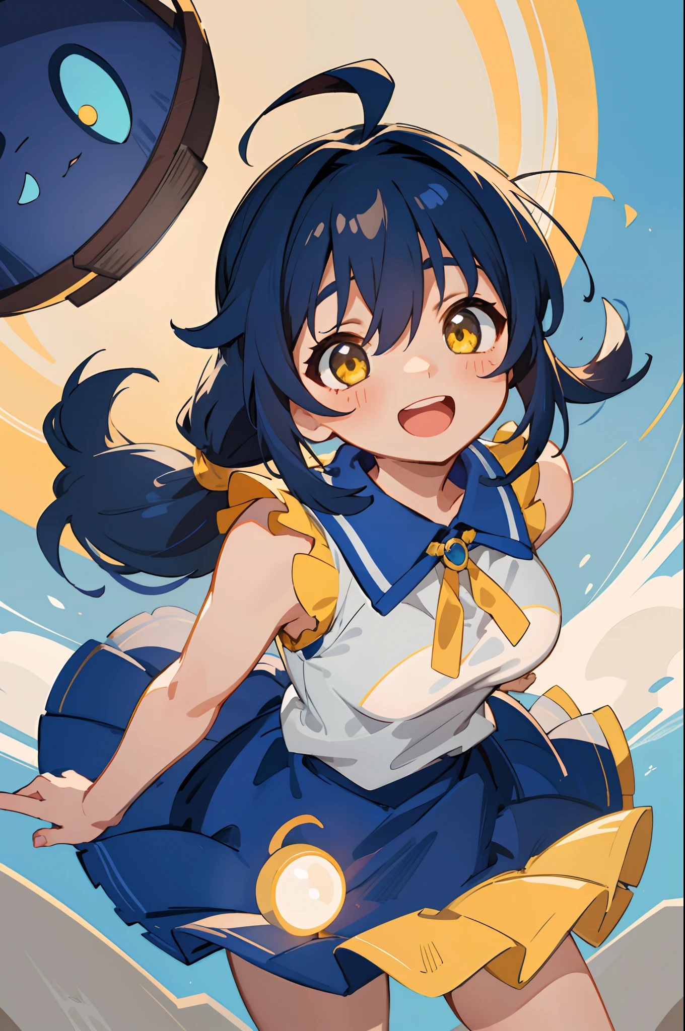 ​masterpiece, top-quality,  middle size breasts、Ultramarine hair、Pony tail、glowing yellow eyes、Bangs between the eyes、Ahoge, sleeveless shirts, skirt by the, The upper part of the body, From  above, Look at viewers, A smile, open open mouth, Rustic village