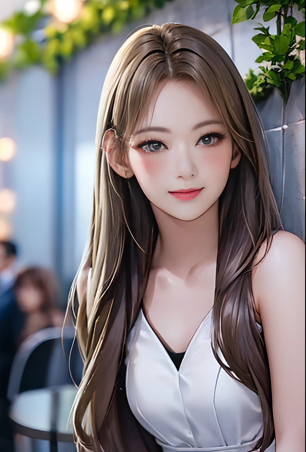 (8k, top quality, masterpiece: 1.2), (realistic, photorealistic: 1.37), super detailed, girl single, cute, solo, midnight, beautiful detailed sky, detailed café, sitting, date, (blush), (smile: 1.15), small breasts (mouth closed), beautiful fine eyes, floating hair NovaFrogStyle, back open dress