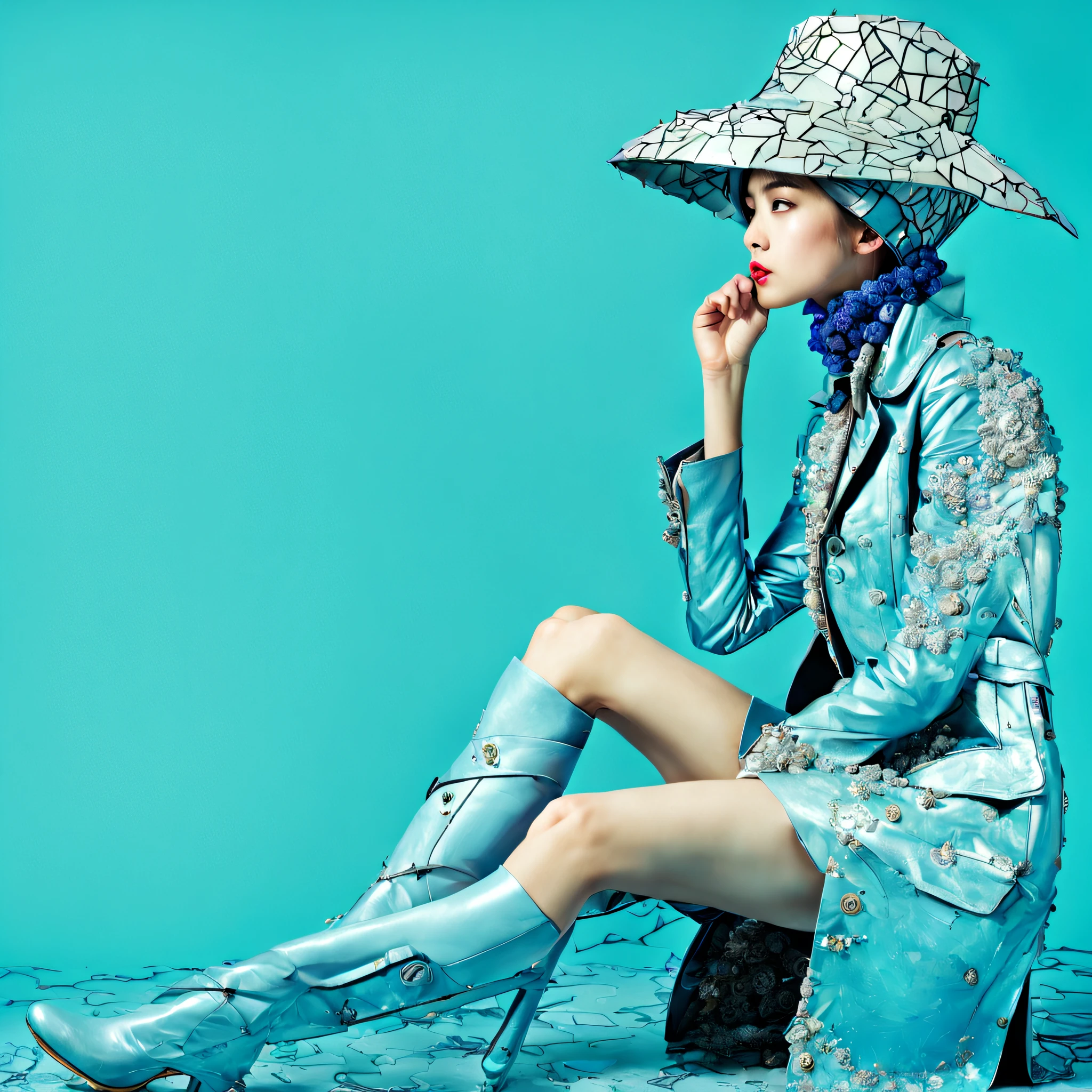 1little girl、(Old plaster:1.2), (Art by Joana Vasconcelos:1.4) ,Art by Valentine Penrose, photograph, Zoom out from stressed woman, Wearing an ingenious Islamic concrete trench coat, Fashion Modeling Pose, semilong hairstyle, Wearing a shiny hat on his head,  Sketched, Shameless, Lunapunk, flat lighting, Blue theme background