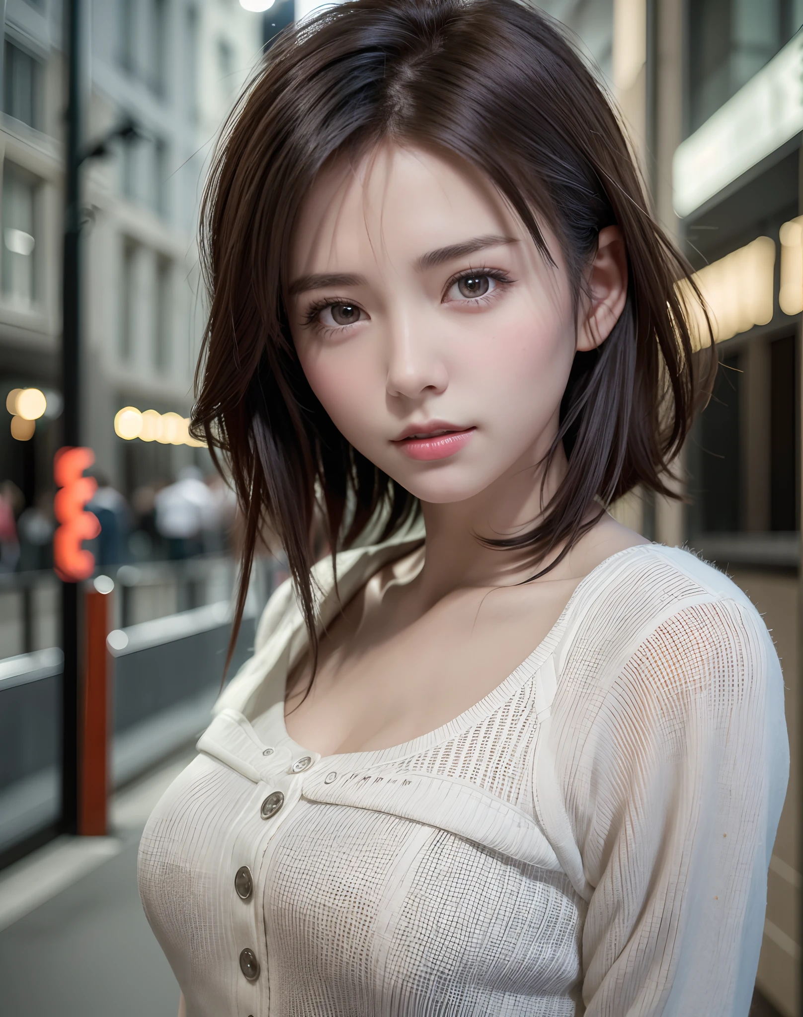 ((Best quality, 8k, Masterpiece: 1.3)), Sharp focus: 1.2, A beautiful woman with perfect body: 1.4, Slim abdomen: 1.2, ((Layered haircut, Large breasts: 1.2)), (no bra) (Small and beautiful hard nipple) (Thin and damp button up to shirt length: 1.1), (White shirt wet by rain), (Rain, Street: 1.2), Wet body: 1.1, Highly detailed face and skin texture, Detailed eyes, Double eyelid, tanned skin, sexy, tan