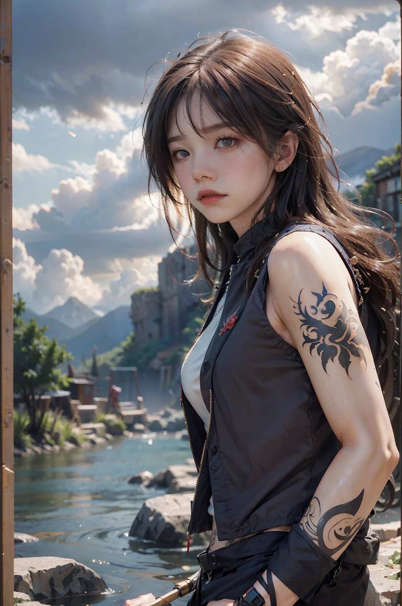 (1male) ,,A young man stands among the broken rivers........Linewichit Style (cloudy:1.2),(Medium Full Shot) (spear) (Wear a red sleeveless vest........),Body rune tattoos, (masterpiece:1.2) (illustration:1.1) (bestquality:1.2) (Detailed) (intricate) (10) (HDR) (wallpaper) (Cinematic lighting) cyborg --auto --s2