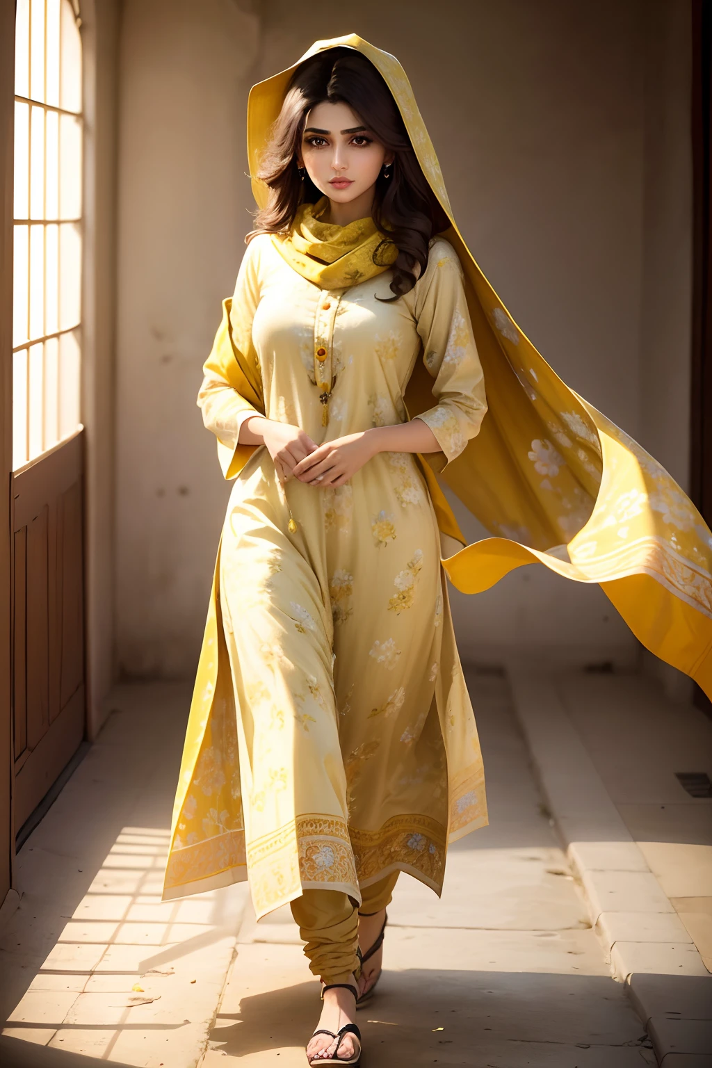 Super-realistic full-length Fashion photoshoot of a Pakistani fashion model woman, perfect face, perfect nose, perfect eyes, perfect lips, with dark brown hair, wearing (light yellow floral) cotton Pakistani summer modest lawn dress (shirt shalwar), wearing the scarf over chest and head, Panasonic GH5, happy expressions, low key image, sharp texture
