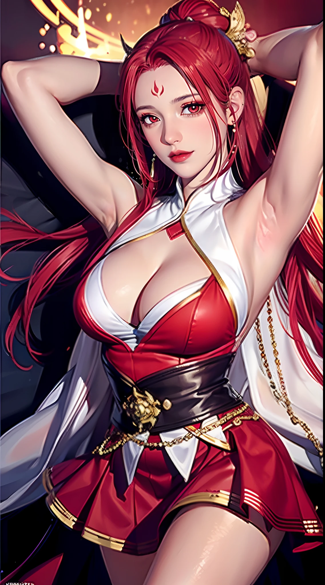 (((Red_dress, teens girl,Red lips,face markings,New Moon,lipsticks,forehead mark,looking at viewert,Young and beautiful,Perfect facial features,The facial features are tall and beautiful,with fair skin,red hair,hair adornments, long whitr hair, Redness of the eyes, 耳Nipple Ring, ))),((Masterpiece)),A high resolution, ((Best quality)),tmasterpiece,top-quality,best qualityer,((( Exquisite facial features,looking at viewert, There is light in the eyes)))