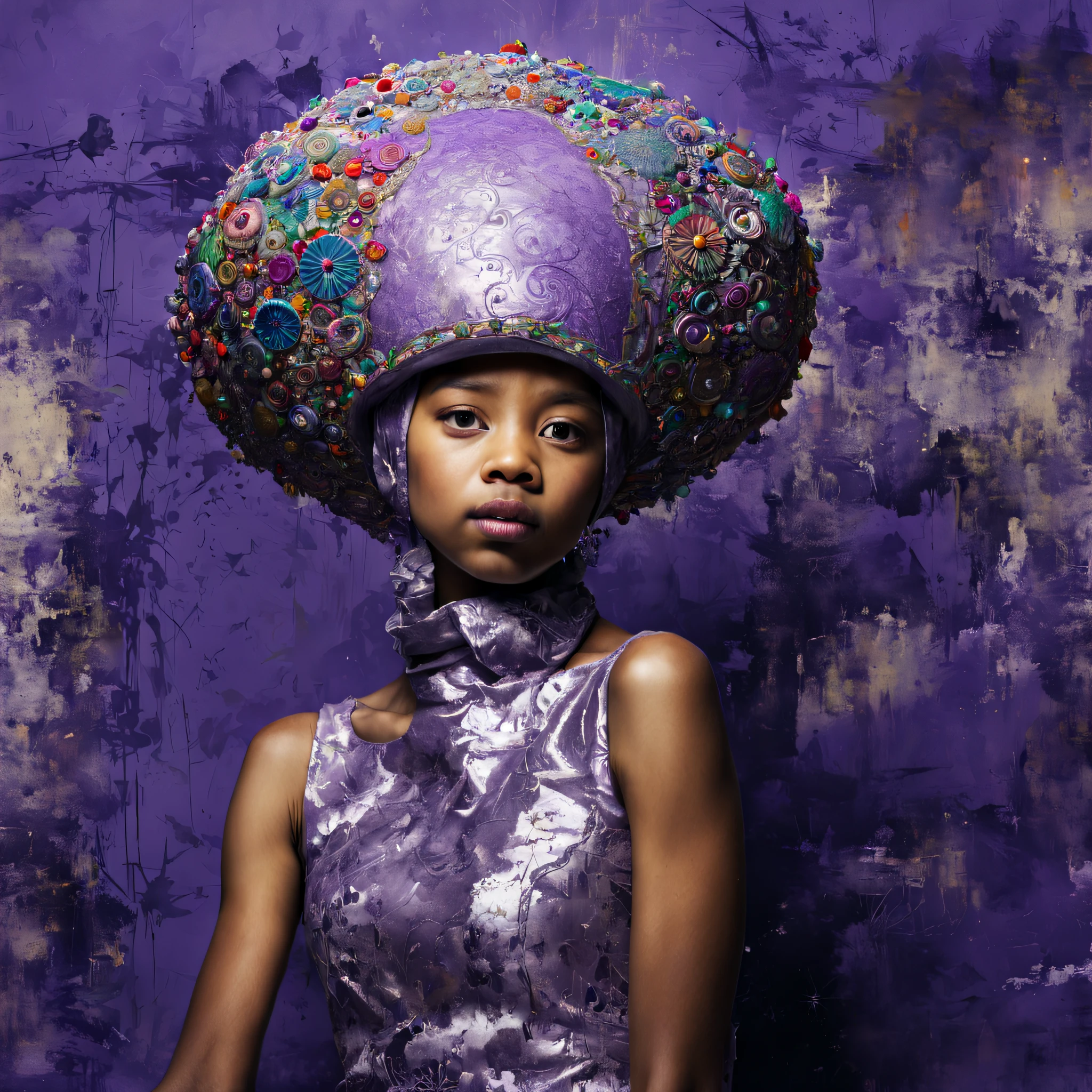 1little girl、Old plaster, (Art by Joana Vasconcelos:1.4) ,Art by Valentine Penrose, photograph, Zoom out from stressed woman, Wearing an ingenious Islamic concrete party dress, Fashion Modeling Pose, semilong hairstyle, With a shiny hat on your head, Sketched, Shameless, Lunapunk, flat lighting, Purple theme background