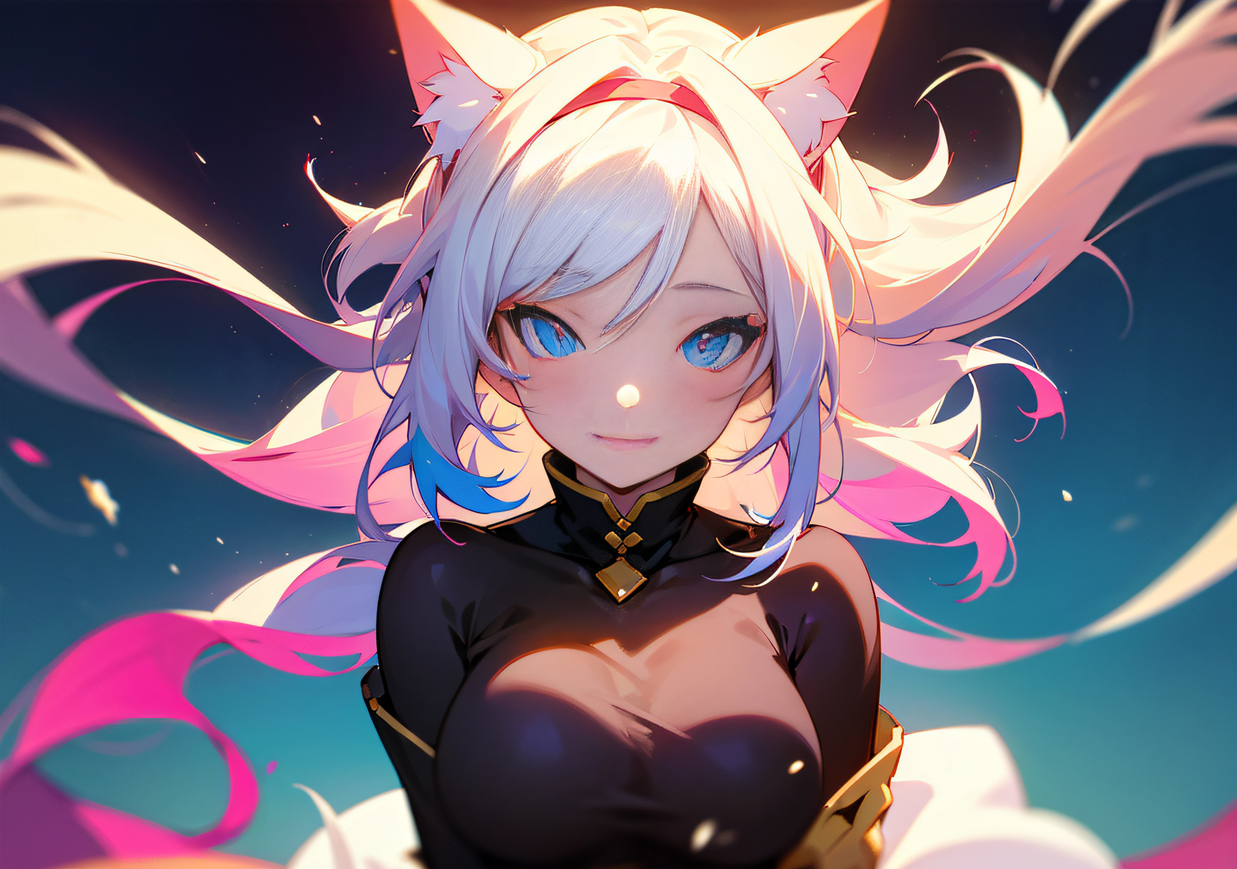 white long-haired girl,big breasts,without wearing any clothes,cat ear headband,playful expression,colorful background,artistic painting,high-resolution,soft lighting,vibrant colors,bokeh