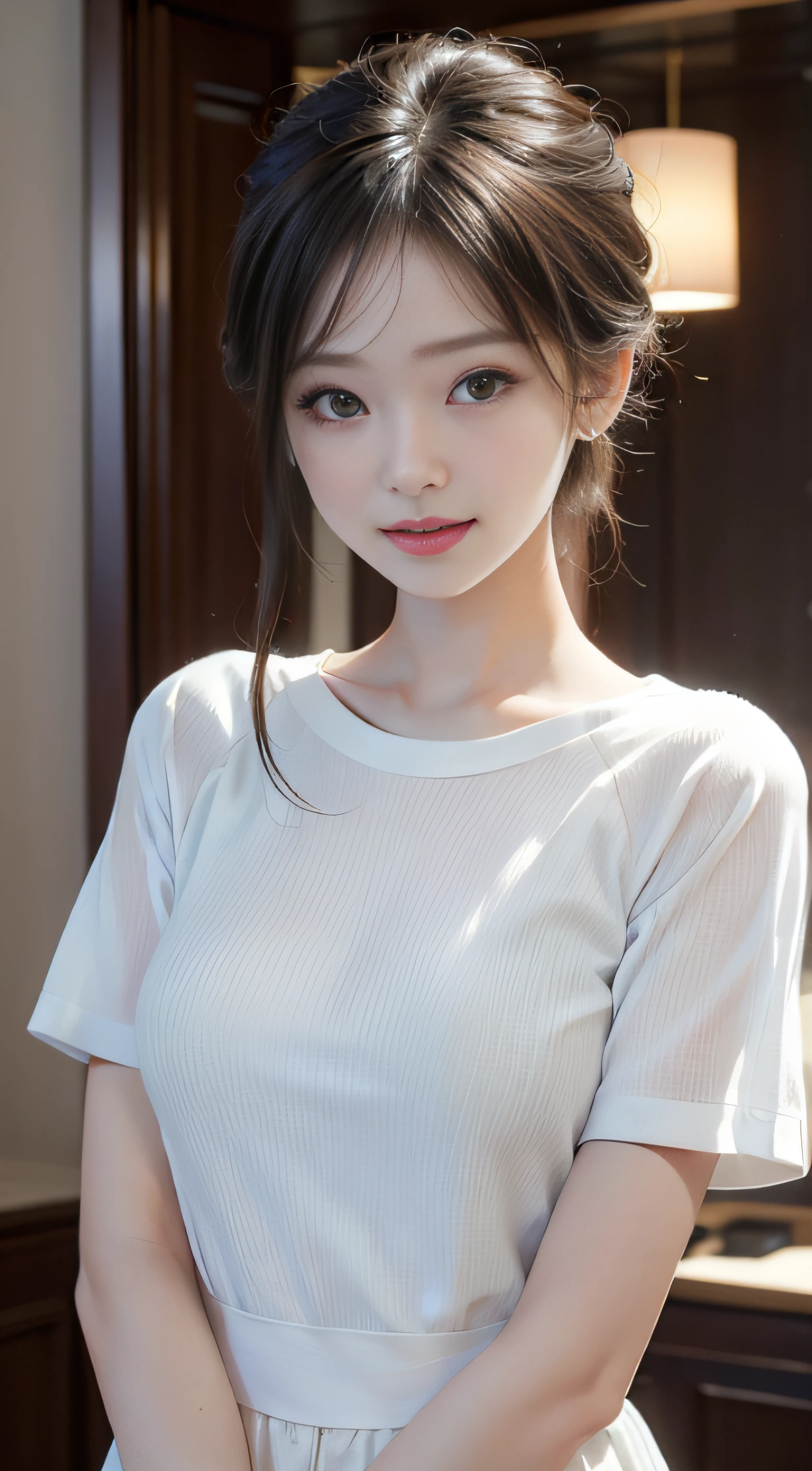 masterpiece、Top image quality:1.2、((beautiful young woman with))、Transparent skin:1.2、{A slight smil}、(kawaii)、Short sleeve knit、luxury hotel、depth of fields、Sharp Focus、Fine details