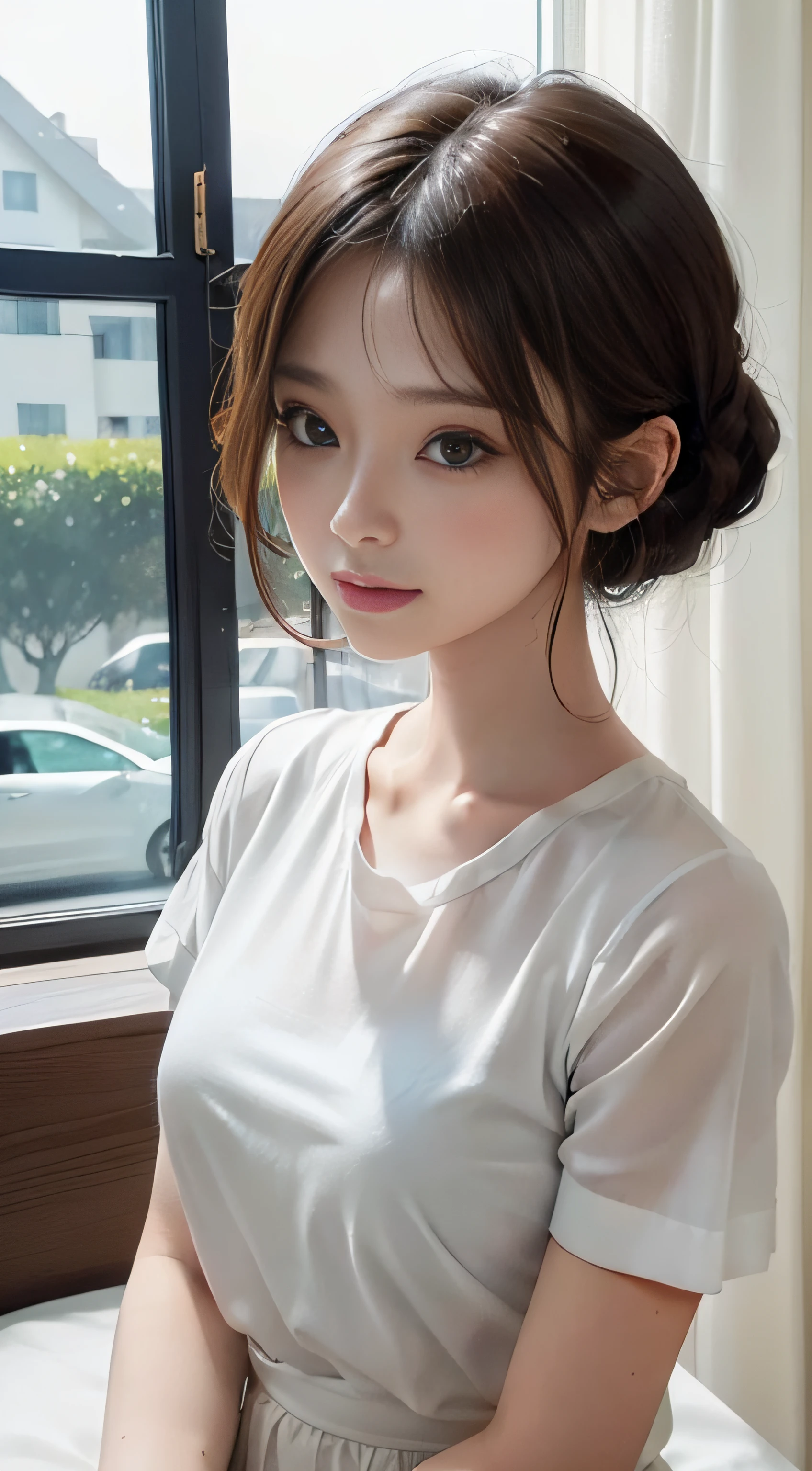 masterpiece、Top image quality:1.2、((beautiful young woman with))、Transparent skin:1.2、{A slight smil}、(kawaii)、Short sleeve knit、luxury hotel、depth of fields、Sharp Focus、Fine details