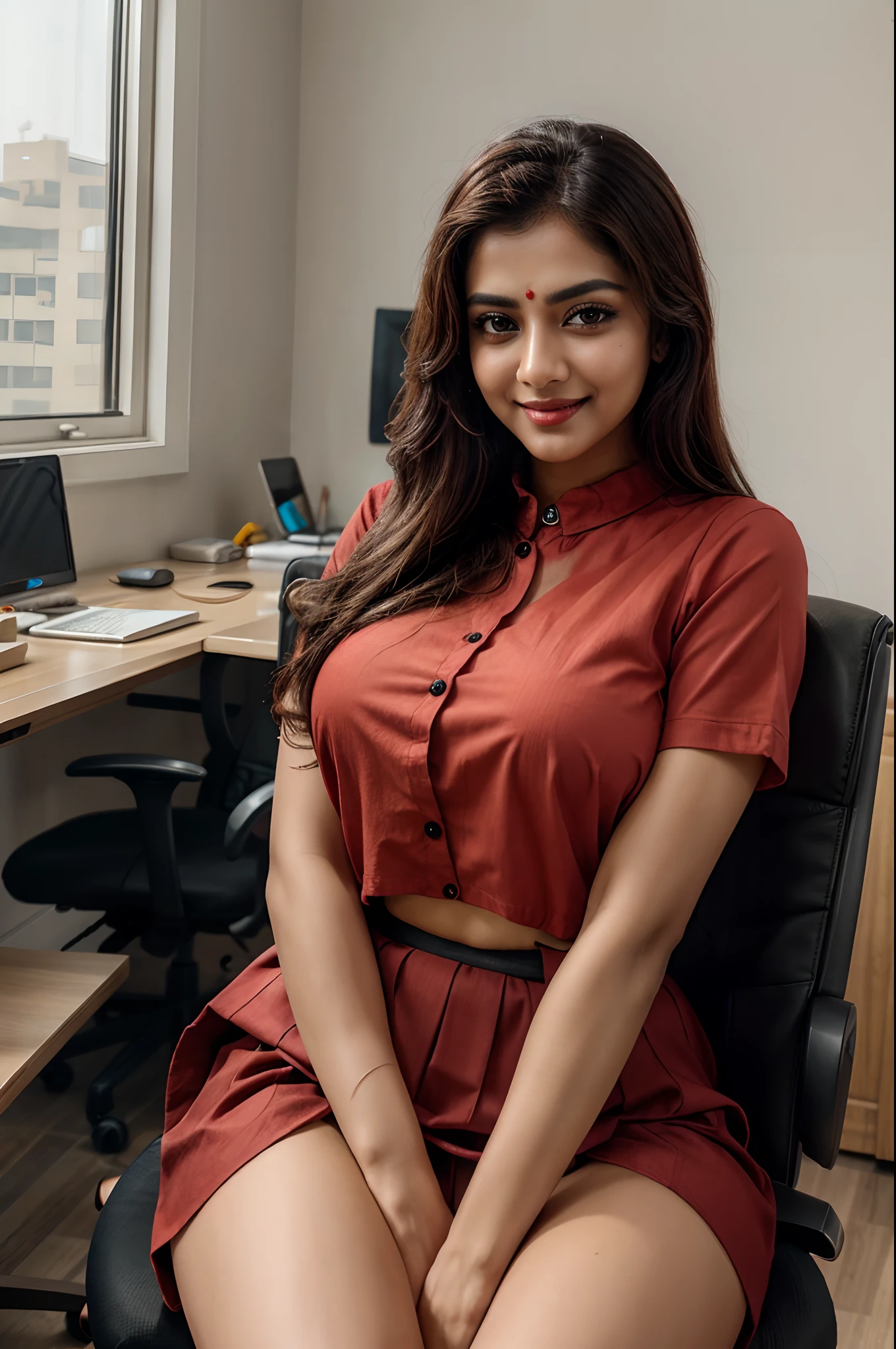 create an image of a brown woman with black hair below the shoulder wearing red clothes in an office