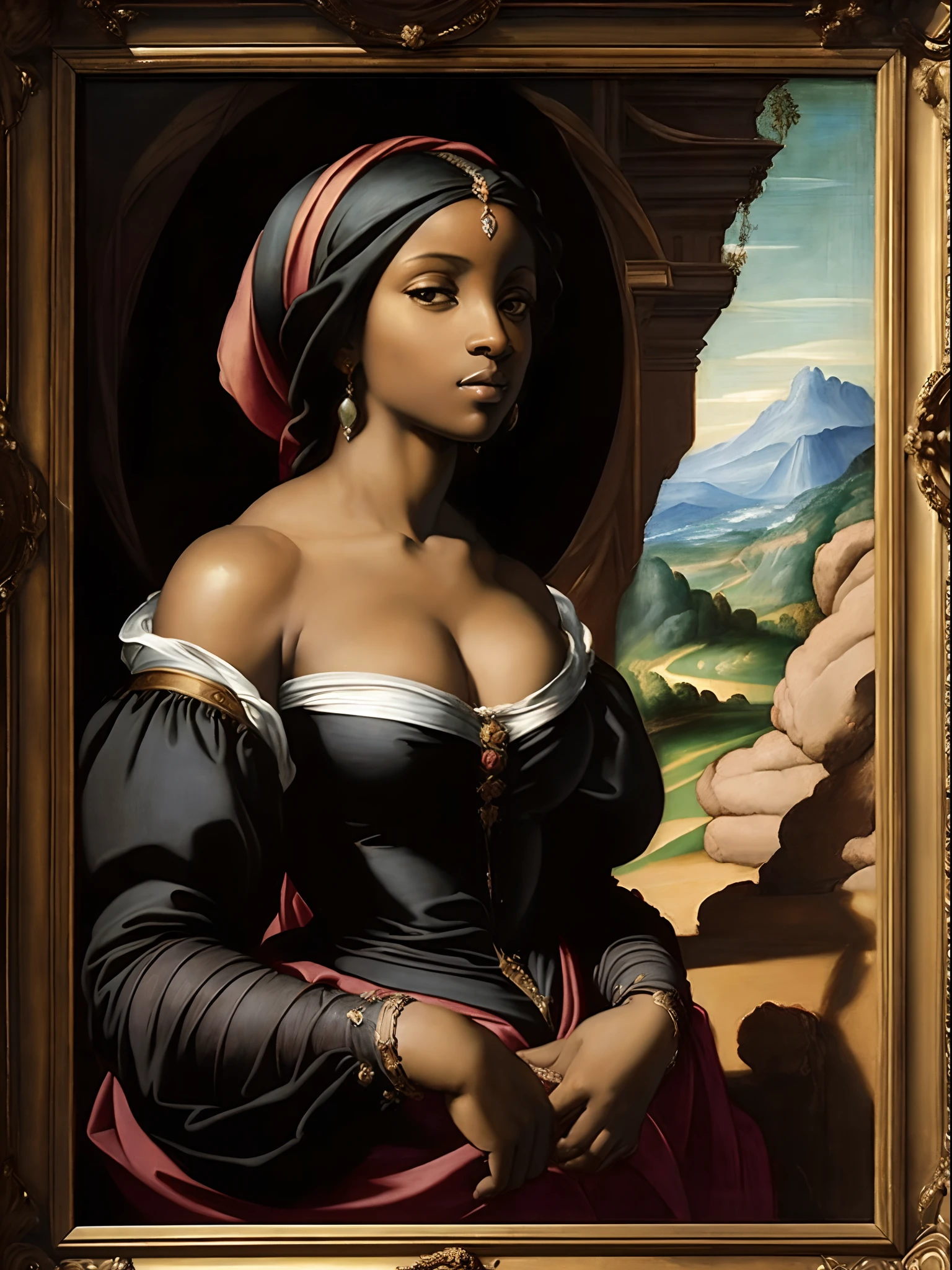 (Renaissance oil painting of a beautiful black woman:1.3), best quality, masterpiece, expressive, thrilling, 256k, epic, crepuscular lights, (by Michelangelo, by Rafael, by Rubens:1.2), chiaroscuro, best quality, masterpiece, (best hands)