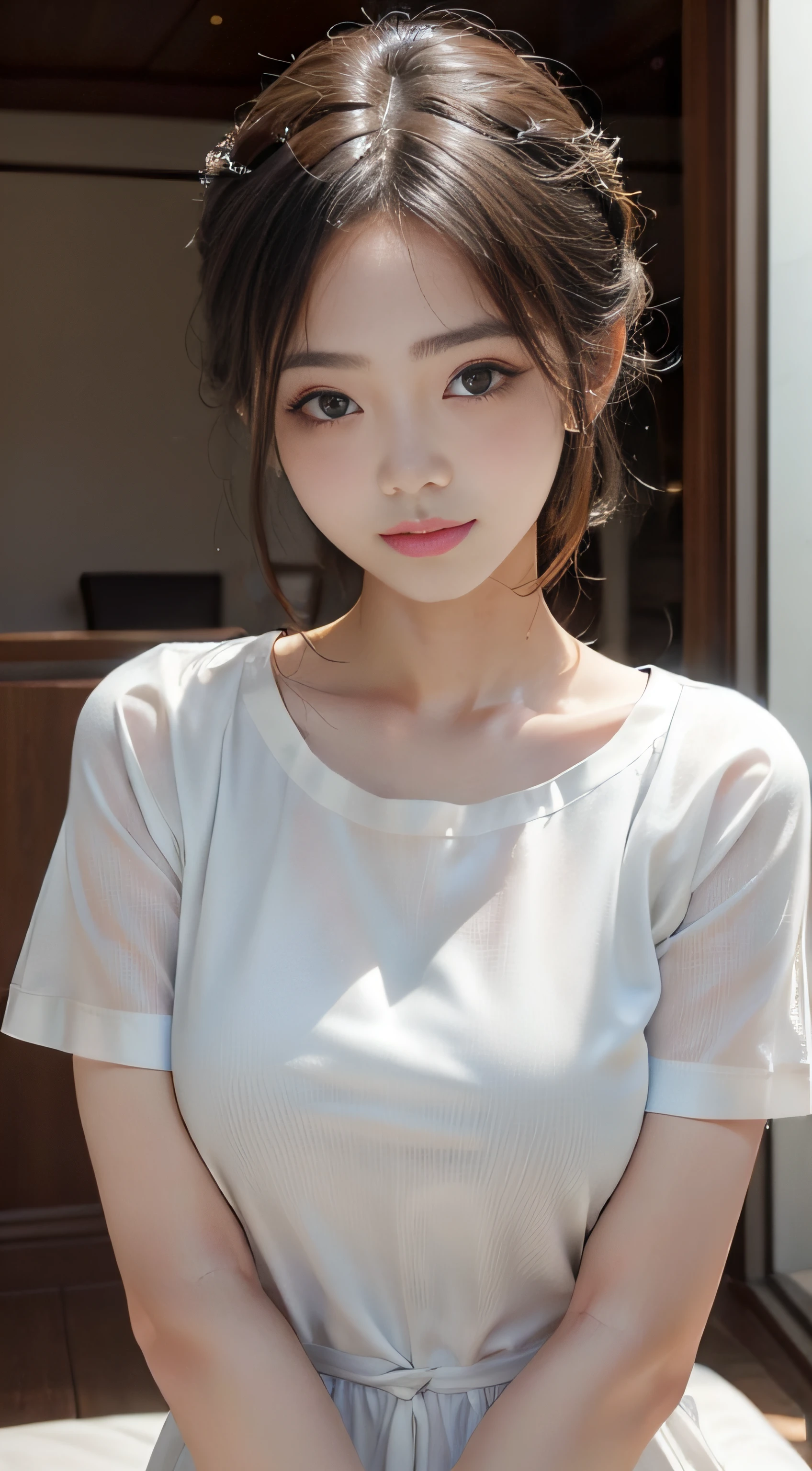 ​masterpiece、Top image quality:1.2、((beautiful young woman with))、Transparent skin:1.2、{A slight smil}、(kawaii)、Short sleeve knit、luxury hotel、depth of fields