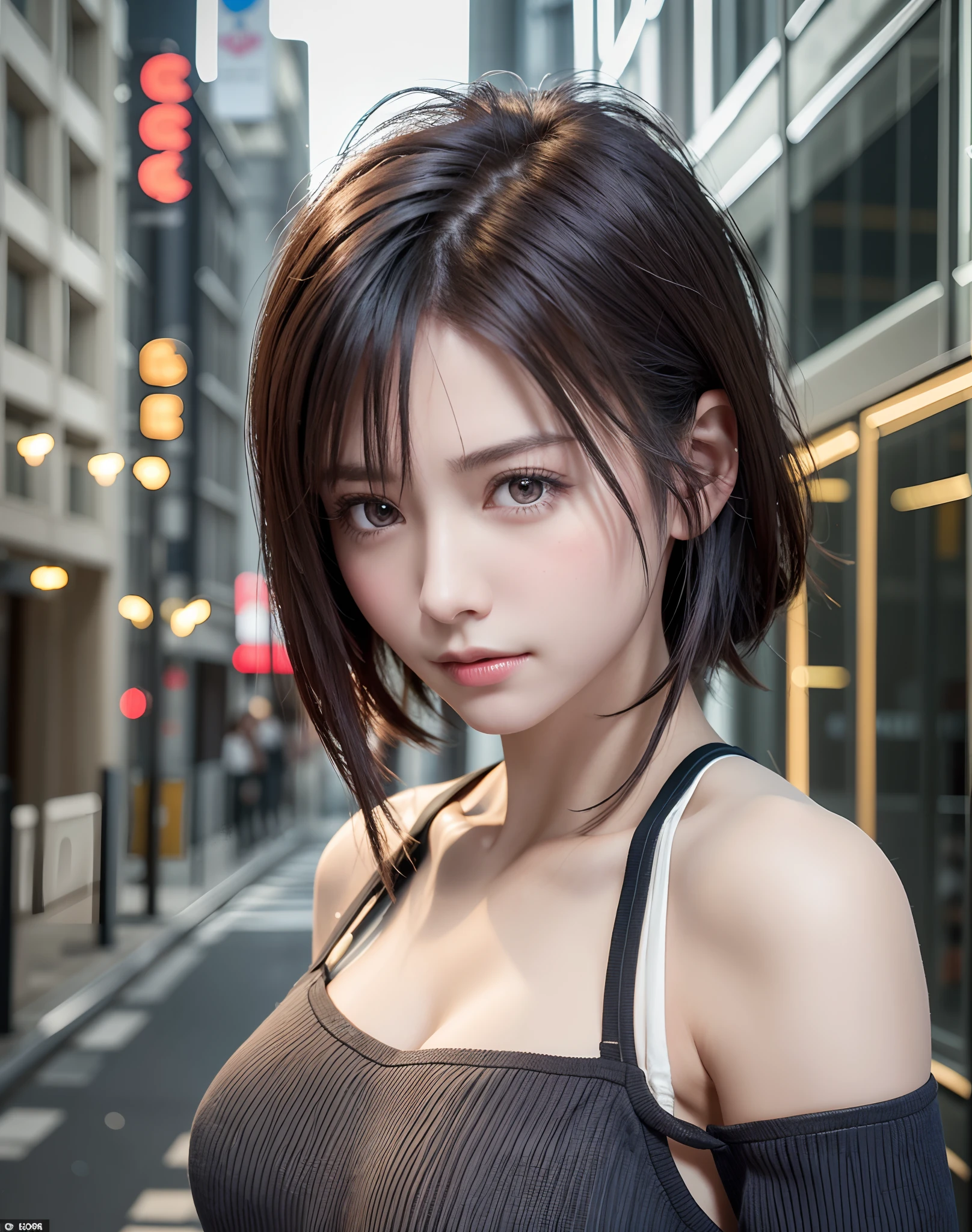 (masterpiece: 1.3), (8K, Photorealista, Photo Raw, top-quality: 1.4), full bodyesbian, Walking the streets of Tokyo, (1girl in), gorgeous faces, (lifelike face), (A dark-haired, short-haired: 1.3), Gorgeous hairstyle, realisticeyes, beautiful finely detailed eyes, (Pere Lealis...