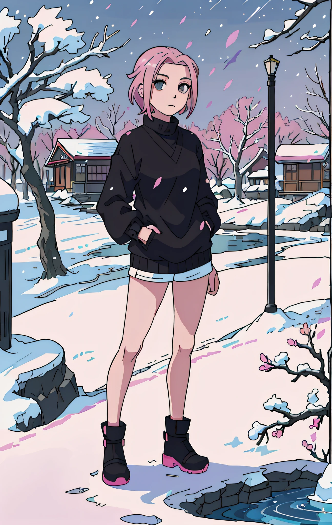 Sakura Haruno, ((Solo)), Alone, ((forehead to show)), Elegant,wearing black sweater, Pink hair, Delicate, 年轻, Short hair, Detailed face, High Definition, ((Full body)), (snow around her), Whole body, ((snowy day)), Looking at the sky, she is a beautiful woman contemplating the snow, face with high quality, koi