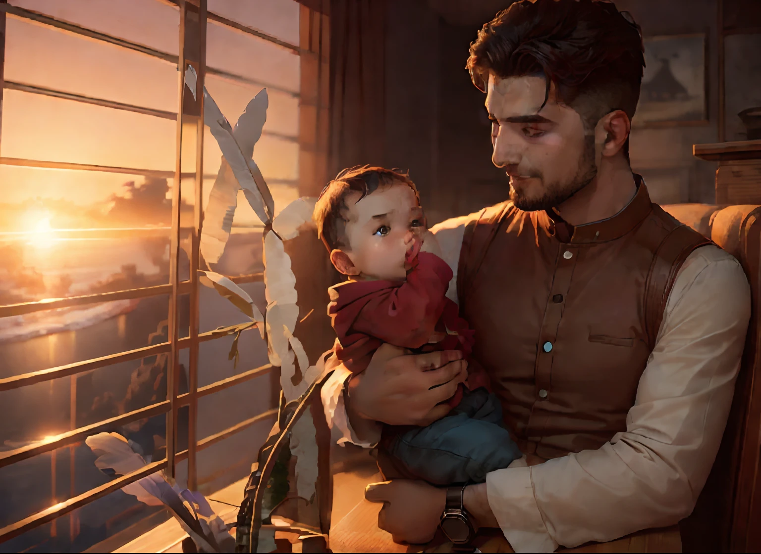 Cute baby, handsome boy, realistic face, 4K resolution, Sunset background.
