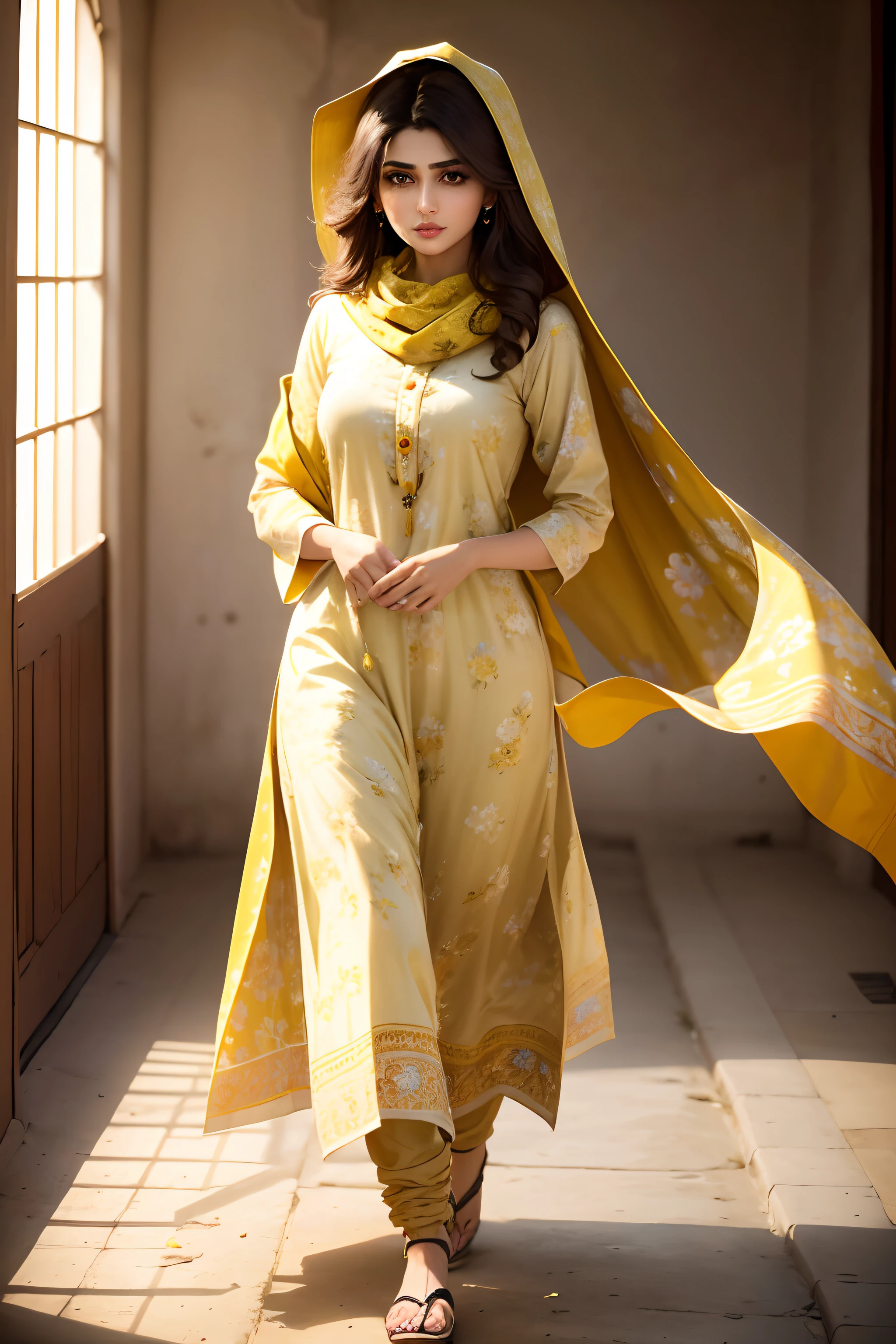 Super-realistic full-length Fashion photoshoot of a Pakistani fashion model woman, perfect face, perfect nose, perfect eyes, perfect lips, with dark brown hair, wearing (light yellow floral) cotton Pakistani summer modest lawn dress (shirt shalwar), wearing the scarf over chest and head, Panasonic GH5, happy expressions, low key image, sharp texture