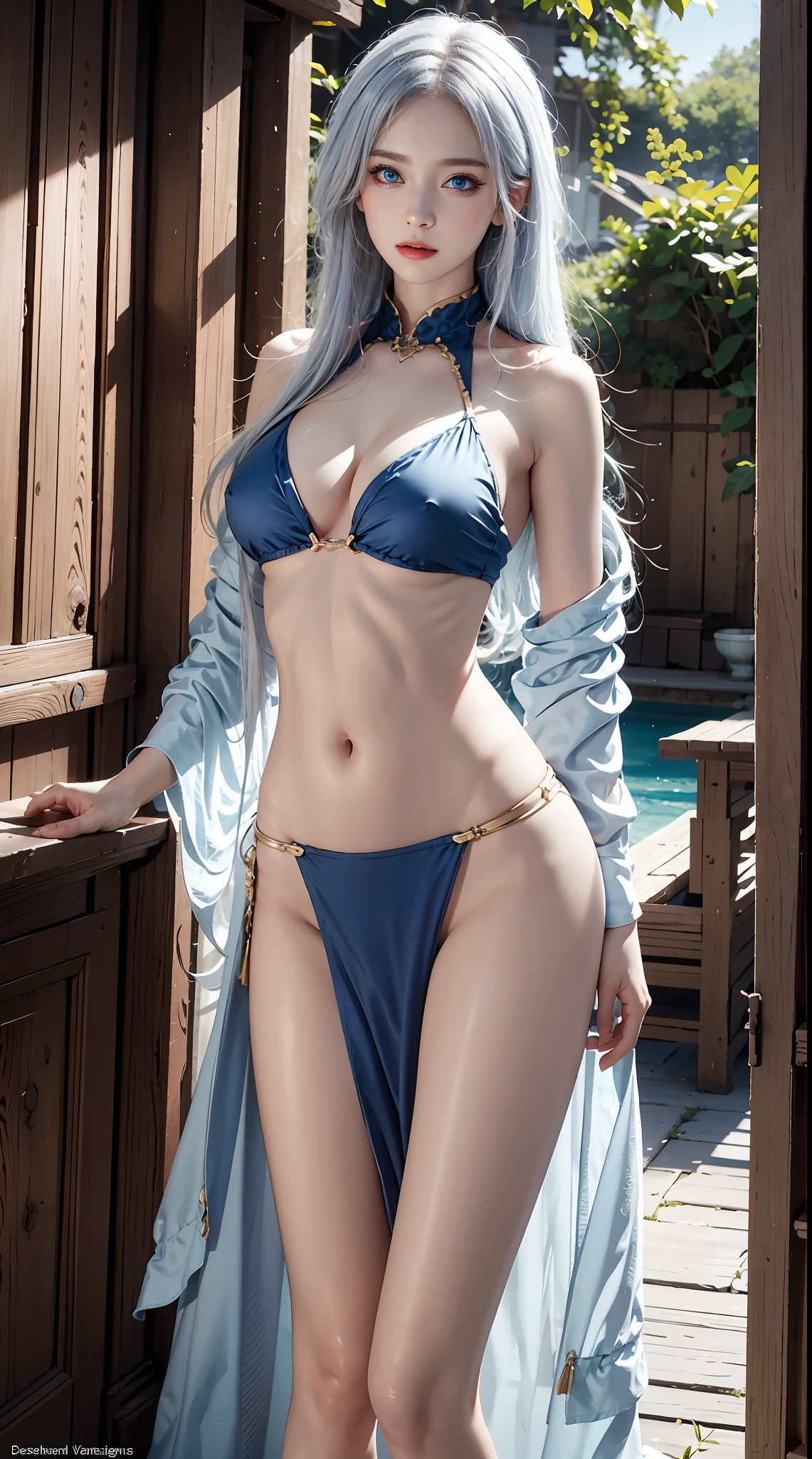 photorealistic, masterpiece, photorealistic, high resolution, soft light, waist up, blue eyes, white hair, long hair, shoulder less, princess, slim legs, navel