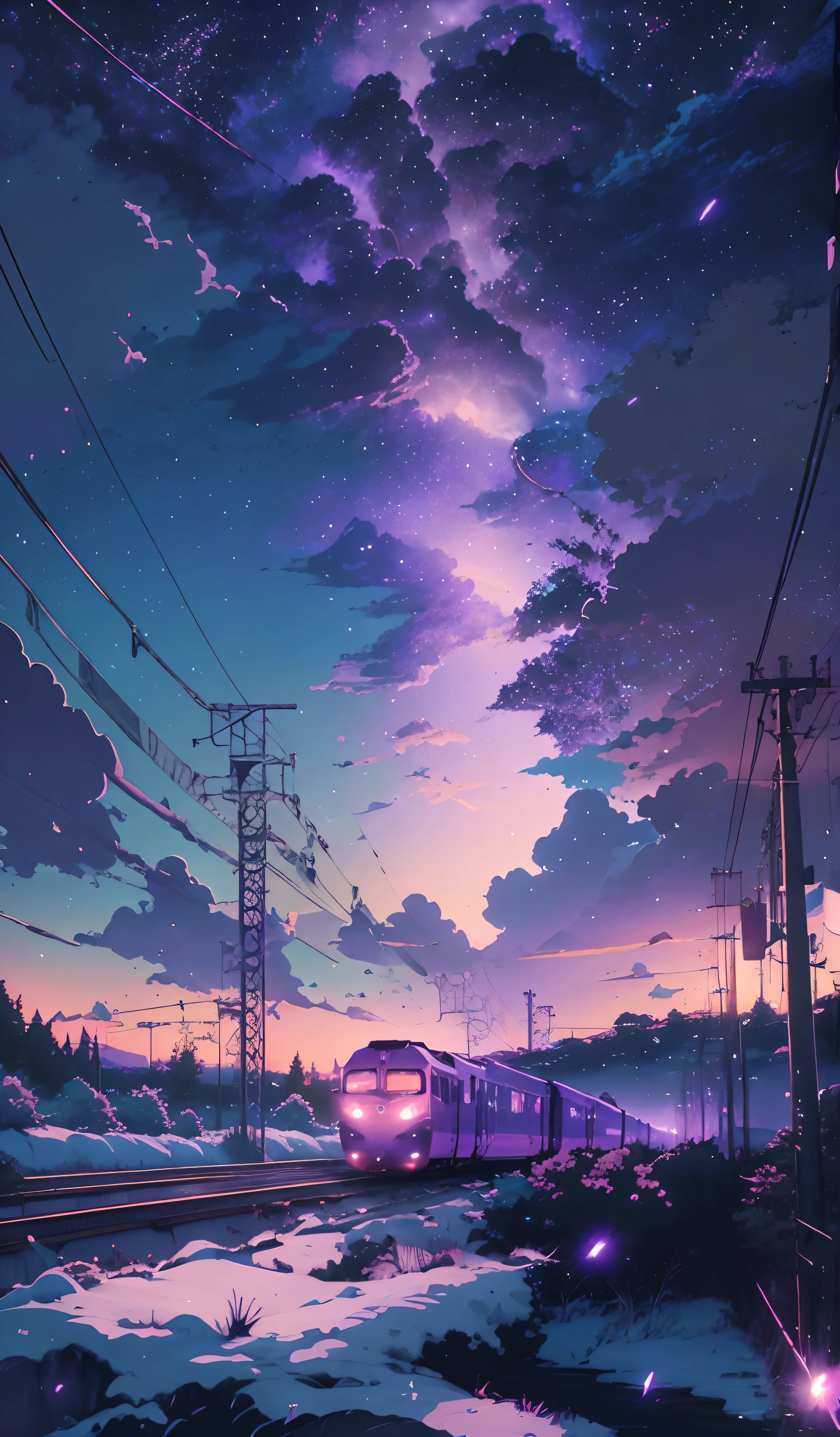 anime scene of a train traveling down a track under a purple sky, anime art wallpaper 4 k, anime art wallpaper 4k, beautiful anime scene, anime landscape wallpaper, anime art wallpaper 8 k, anime wallpaper 4 k, anime wallpaper 4k, 4k anime wallpaper, beautiful anime scenery, anime background art, anime beautiful peace scene, anime style 4 k, anime background