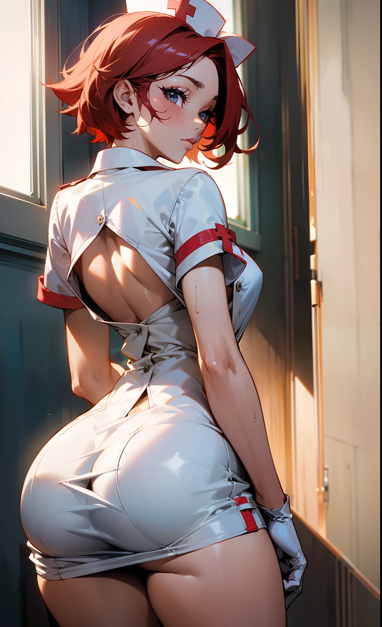 Woman 30 years (Peta Jensen pov), short red hair, nurse nurse, tight white clothing, unbuttoned blouse, no buttons, no bra, no bra, medium breasts, wet and soft, facing the window, face looking at the window, arms and hands resting on the leg, close-up, penetrating and sensual look, fiery and lascivious wanting more, slightly wide hips, ass showing, , very short dress leaving her ass exposed, out