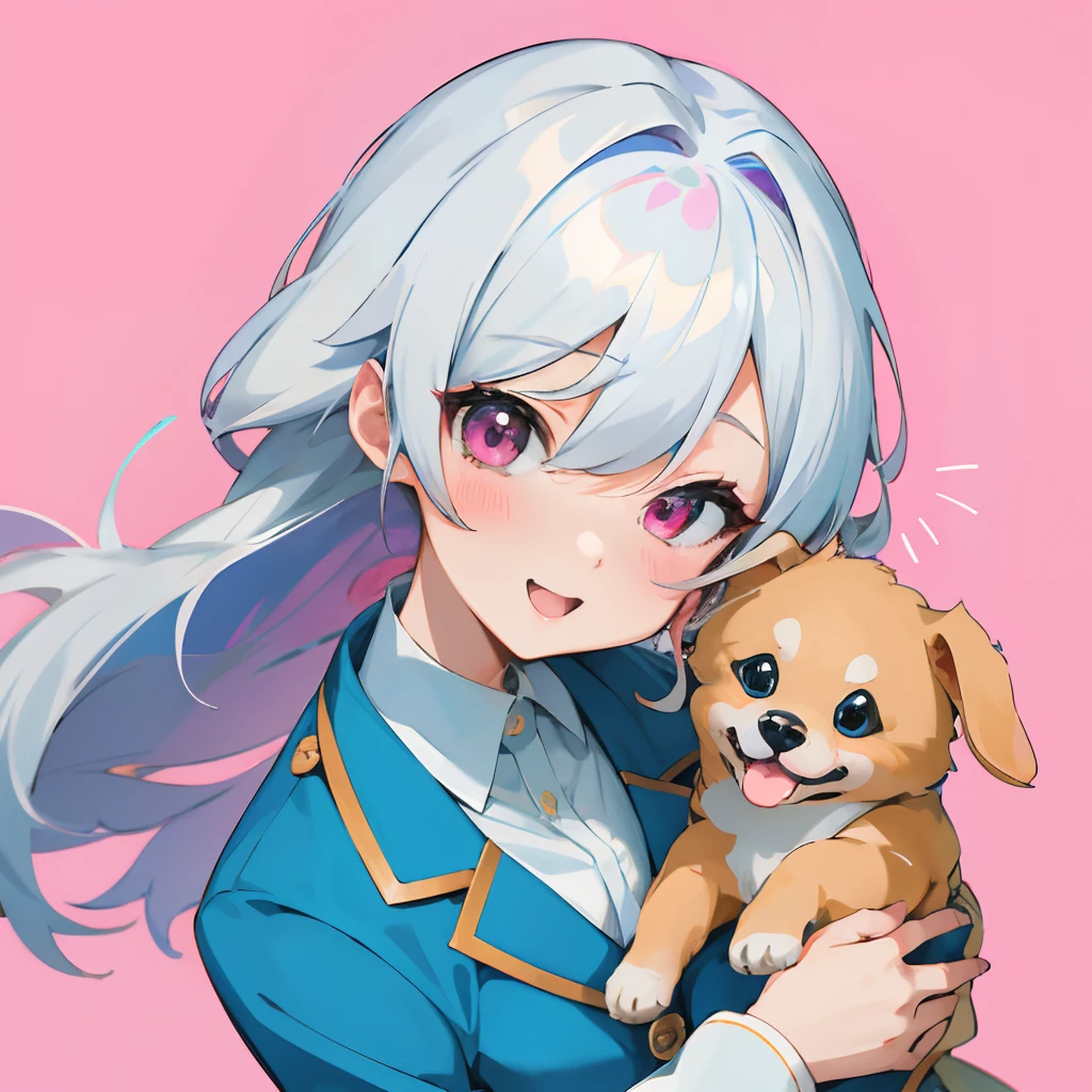 Anime girl with silver hair and pink eye edging, official artwork, , Lori, anime style portrait, anime moe art style, 2 d anime style, Cute art style, Stylized anime, Anime Art Style, Anime style. 8K, anime style 4 k, Anime Art Style, digital anime art!!、White puppy、fluffly、Baby Golden Retriever、blanche、Vigorous、A charming smile、Office Lady Style Clothes、Wearing a suit、Deformed puppy、raise the front paws、