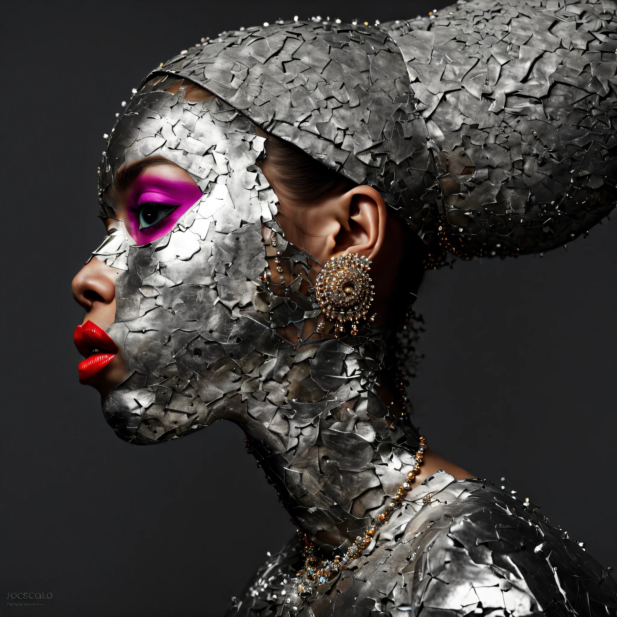 1little girl、Old plaster, (Art by Joana Vasconcelos:1.4) ,Art by Valentine Penrose, photograph, Zoom out from stressed woman, Wearing an ingenious Islamic concrete suit, Fashion Modeling Pose, semilong hairstyle, Wearing a shiny top hat on your head,  Sketched, Shameless, Lunapunk, flat lighting, Black theme background