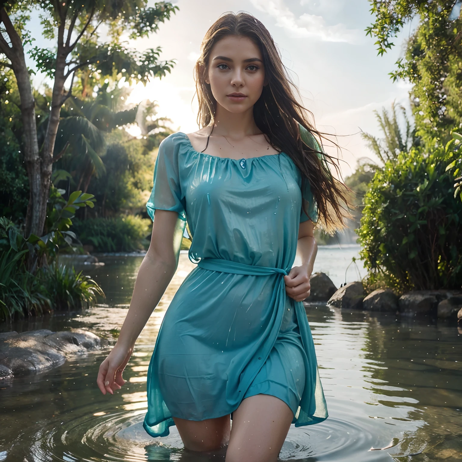 woman in a green dress standing in a body of water, gorgeous woman, very beautiful elven top model, teal tunic, gorgeous lady, closeup fantasy with water magic, stunning elegant pose, pale tunic, flowing dress, cute woman, beautiful female model, beautiful goddess, summer season, wearing a dress made of water, veridian dress, stunning woman, varied poses, rainfall, soaked, dripping wet, sunlight