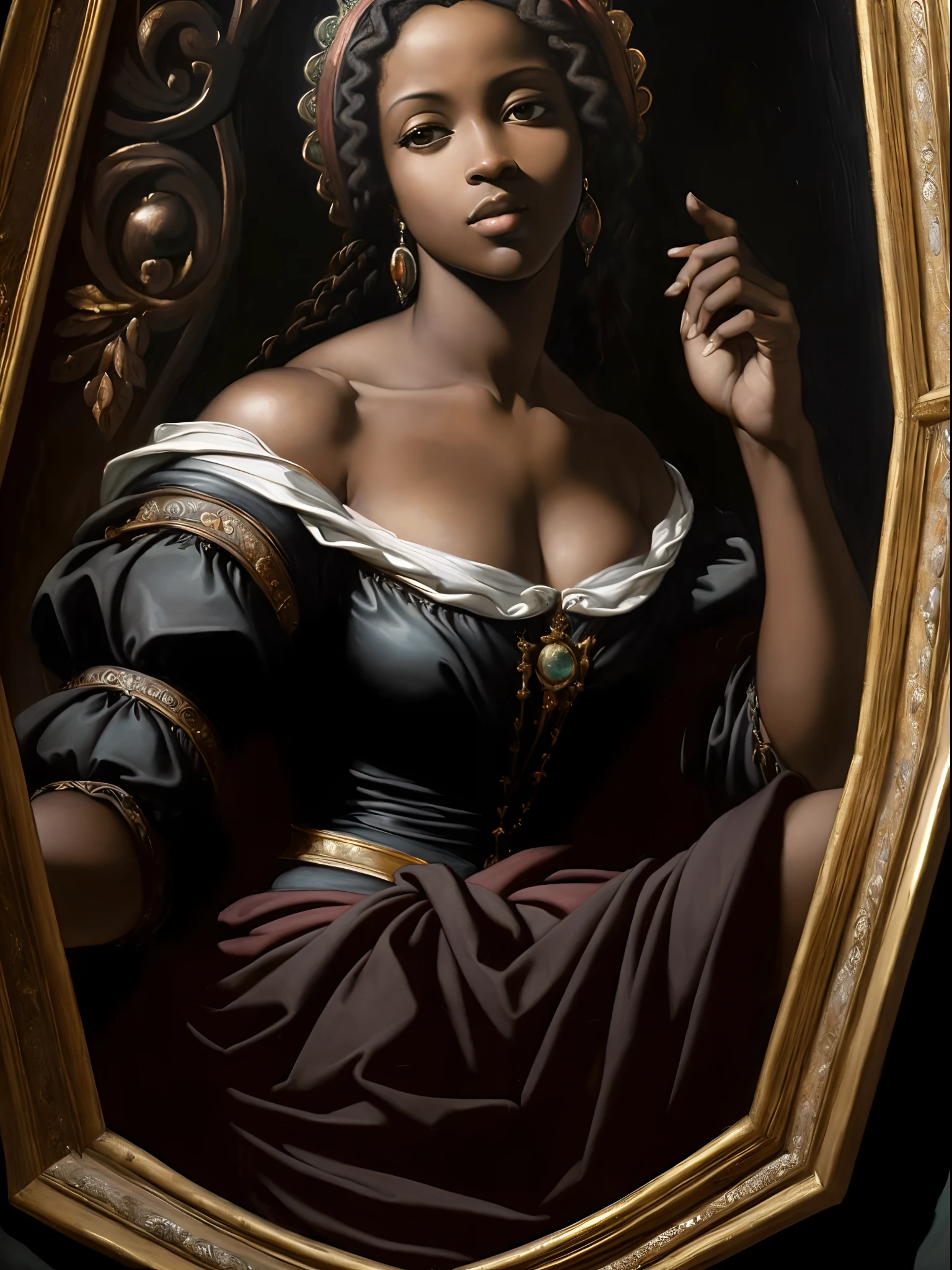 (Renaissance oil painting of a beautiful black woman:1.3), best quality, masterpiece, expressive, thrilling, 256k, epic, crepuscular lights, (by Michelangelo, by Rafael, by Rubens:1.2), chiaroscuro, best quality, masterpiece, (best hands)