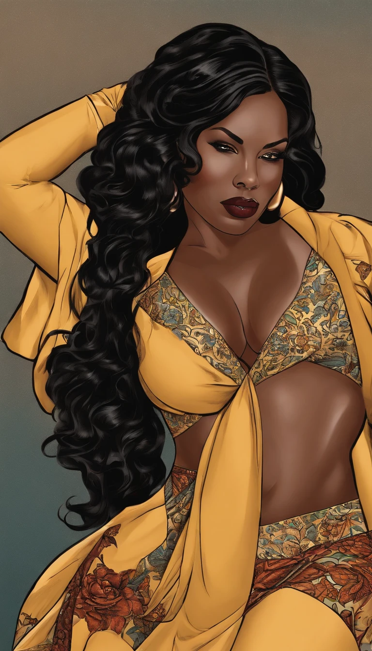 Rebecca Malala, Femme biraciale,peau mixte, 35 ans, cheveux noirs raides, Cheveux indiens, Chubby, avec une silhouette corpulente, full lip, square cut hair, Mettez en valeur ses traits distinctifs, like beautiful dark skin, Une expression confiante et bienveillante , in your Marvel comic style , corps entier, Heroin, erotique, Imaginez-la nue, sous la douche