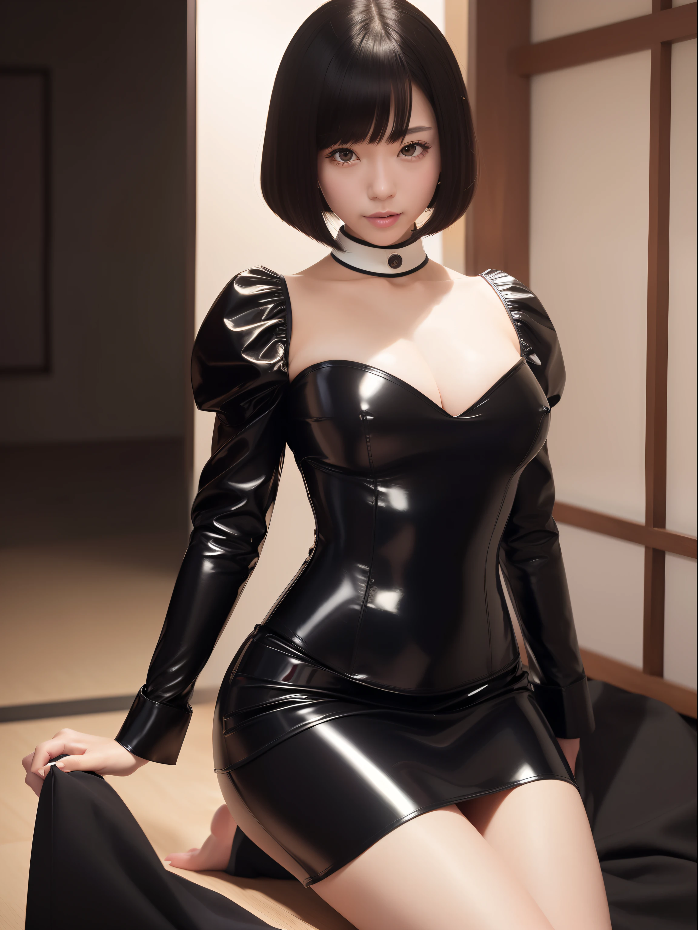 masutepiece,A hyper-realistic,32K,the Extremely Detailed CG Unity 8K Wallpapers, Best Quality,1 Beautiful Japan Woman,Black Latex Puff Sleeve,Stand Collar,White Satin Blouse,Black Latex Pleated Skirt,Leather boots,Full body,Street,(Film grain:1.2), (Film Overlay:1.3), Night,Smile,Bob Cut Hair,