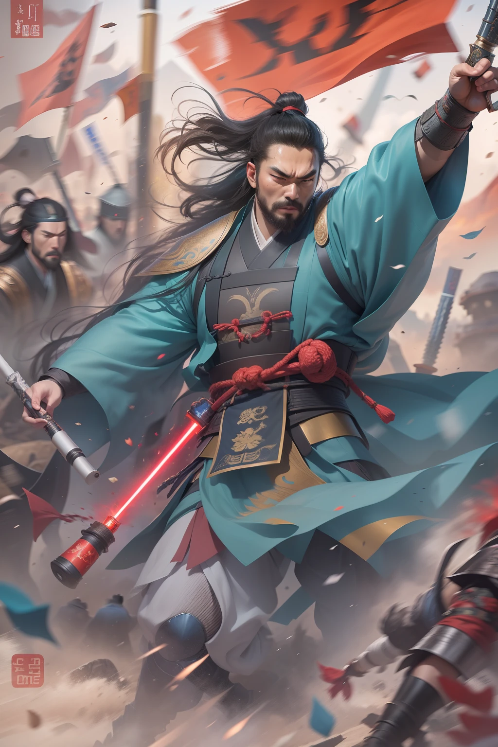 [Illustration with empty speech bubbles]There are multiple screens on one page: Chinese male warriors of the Qin Dynasty, A cold face，Symmetrical body, Broken robes，Holding a blood-blue lightsaber，standing in the wind（Side half close-up）。The battle flag is skewed，Fireworks are everywhere，Enemies in the distance are rushing towards him，breathtaking moment（The ancient castle towers are blurred，Faraway view）。[Multi-lens burst shooting]:Ultra-wide angle, Cinema lenses,Motion capture, Chiaroscuro, Depth of field 1.8，The protagonist is focused，Cinema lenses，Drawn by Xu Beihong。