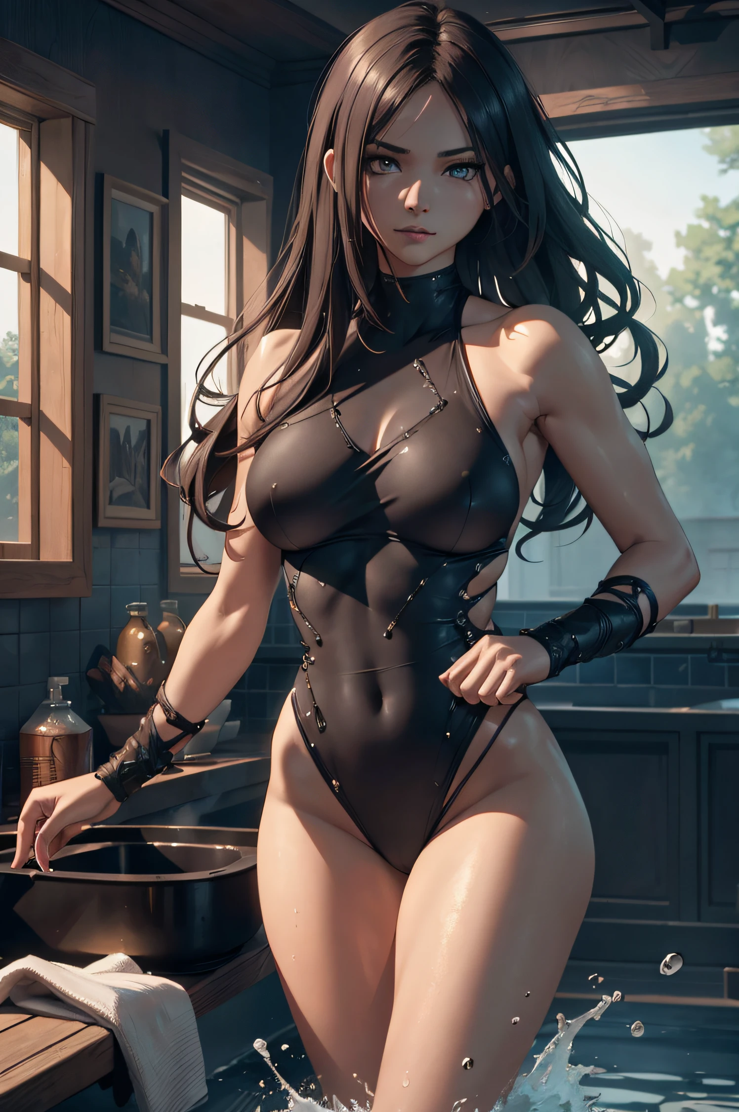 A naked woman, bathing, sleeveless, long hair, dynamic pose, 3d, (8k), detailed texture,(hyperdetailed), (photo realistic), cinematic light, cinematic action, highly detailed, realistic, Isometric, full body, in frame, driven expression, dark theme, (extremely detailed eyes), detailed symmetric realistic face, extremely detailed natural texture, masterpiece, extremely detailed, amazing, fine detail, rich colors, hyper realistic lifelike texture, dramatic lighting, unreal engine, trending on art station, photo realistic, RAW photo, high quality, high res, sharp focus, extremely detailed, cinematic lighting, 8k, high definition, cinematic, neoprene, unreal engine 5, ultra sharp focus