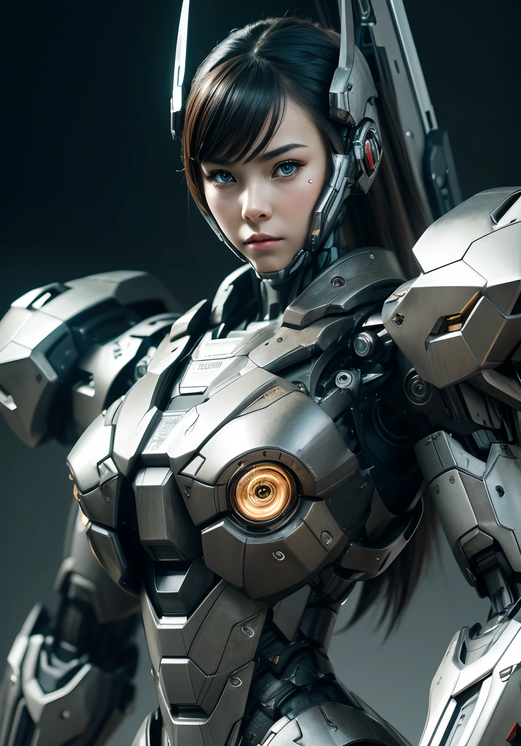 Top Quality, Masterpiece, Ultra High Resolution, (Photorealistic: 1.4), Raw Photo, 1 Girl, Black Hair, Glossy Skin, 1 Mechanical Girl, (Ultra Realistic Detail)), Portrait, Global Illumination, Shadows, Octane Rendering, 8K, Ultra Sharp, Big, Cleavage Exposed Raw Skin, Metal, Intricate Ornament Details, Japan Details, Very intricate details, realistic light, CGSoation trend, purple eyes, glowing eyes, facing the camera, neon details, mechanical limbs, mechanical, standing, wires and cables connecting to the head, gundam, small LED lamps, neon light, 1 Mecha, sharp eyes, human mouth, mecha body, mechanical body, gundam suit,, great hair, straight body mecha, mecha, neon body, helmet, see camera