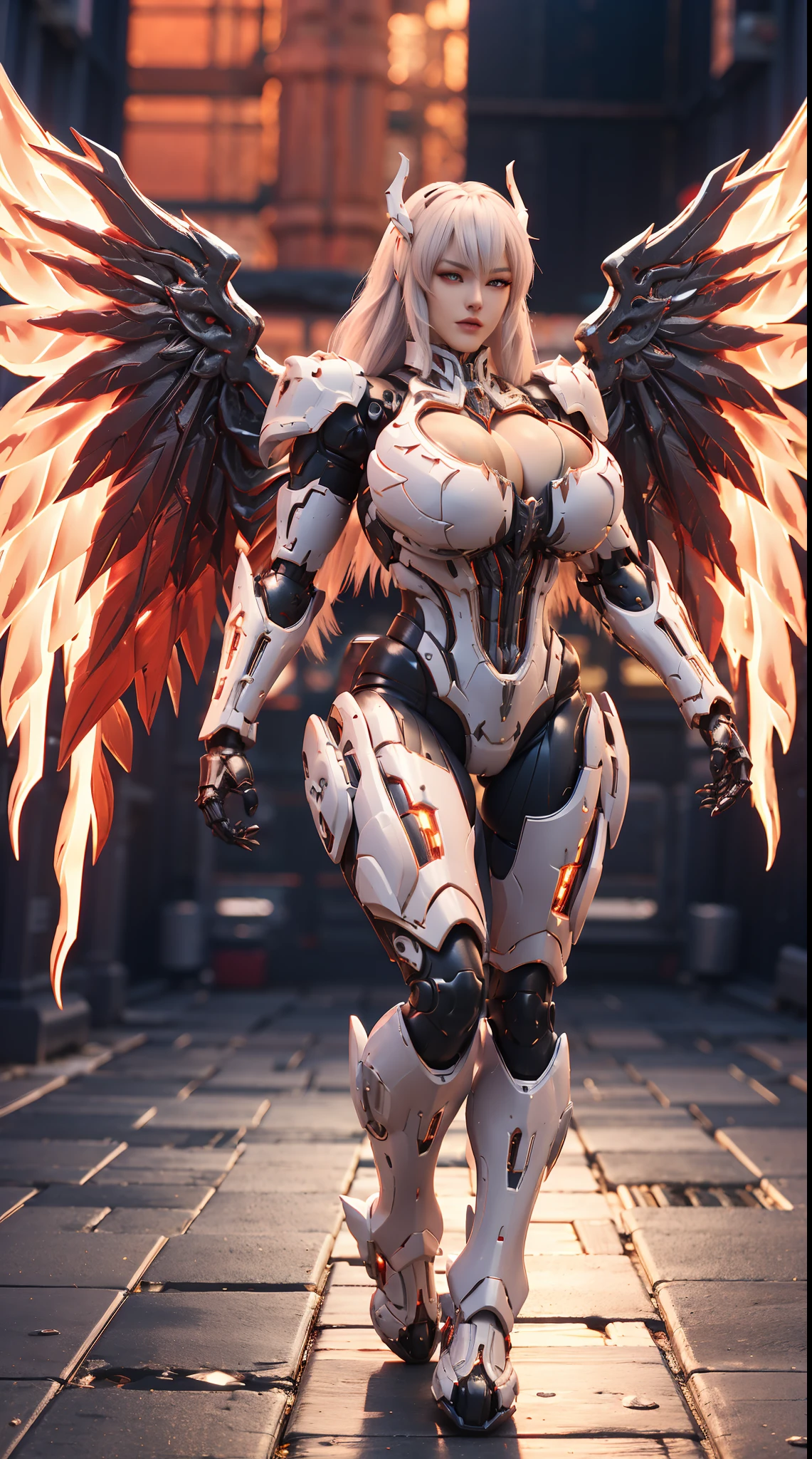 (DRAGON HEAD), HUGE FAKE BOOBS, (BEAUTIFUL FACE), (WHITE HAIR), (RED:1.2, BLACK:0.8, MECHA ARMORED GEAR), (((A PAIR OF HUGE MECHANICAL WINGS SPREAD OUT))), FUTURISTIC DRAGON MECHA SUIT, (CLEAVAGE), (SKINTIGHT YOGA PANTS), (PERFECT BODY:1.2), (FULL BODY VIEW), FRONT, (STANDING:1), SEXY MUSCULAR BODY, MUSCLE ABS, UHD, 8K, 1080P.