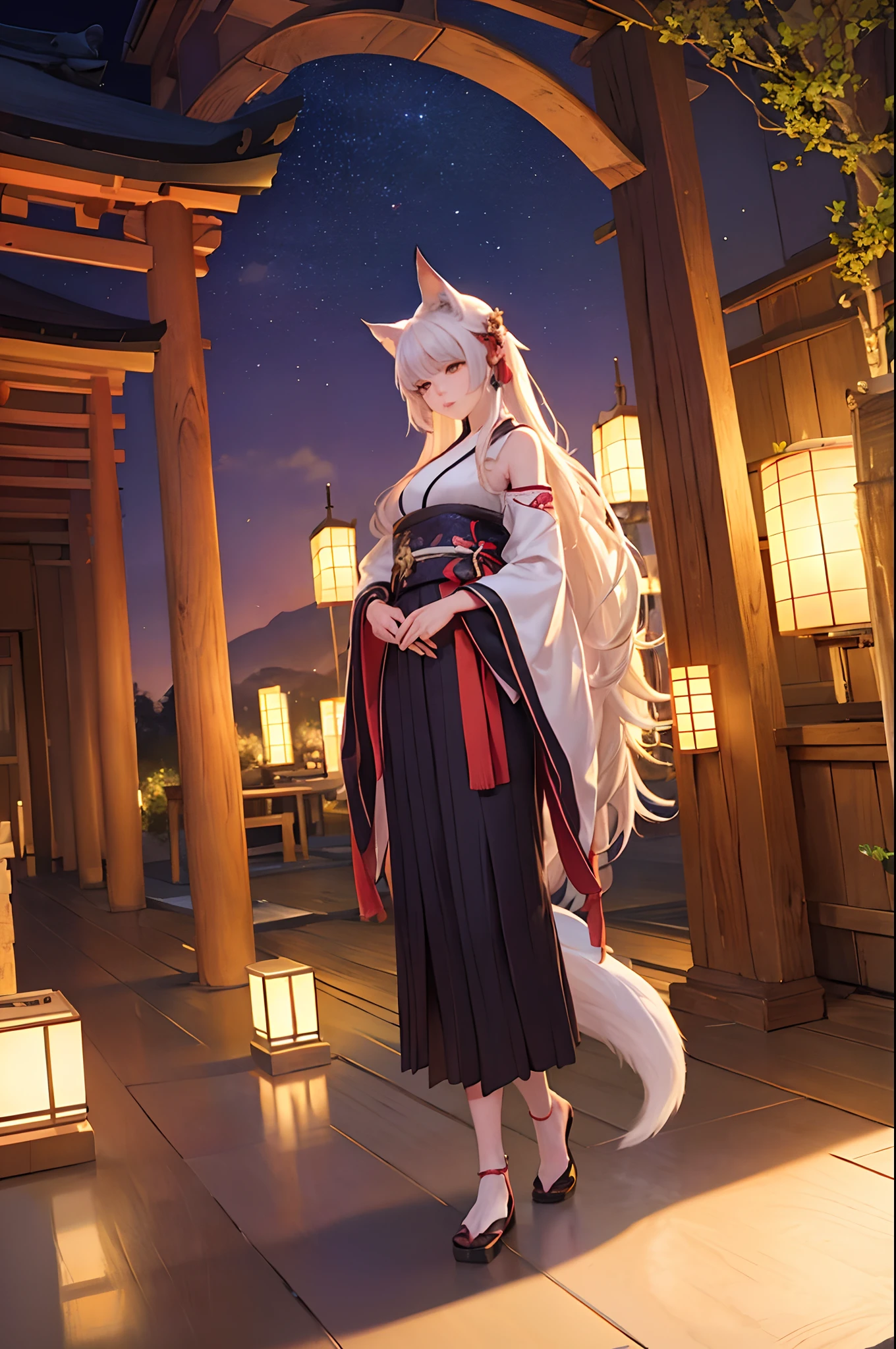 (Best quality:1.2, ultra-detailed, photorealistic:1.3), colorful, brightly lit night scene, enchanting atmosphere. Beautifully detailed nine-tailed kitsune woman, with captivating emerald eyes, rosy cheeks, and silky long black hair flowing in the breeze. She has a slim and graceful figure, with a slender waist and long legs. Her petite frame is adorned with (revealing traditional Japanese clothing:1.3), showcasing her alluring curves and assets. The kitsune woman stands in front of a majestic Japanese temple, illuminated by the soft glow of lanterns. The temple is decorated with intricate carvings and vibrant cherry blossoms, symbolizing beauty and renewal. The night sky is filled with sparkling stars, creating a magical backdrop. The kitsune woman's elegant posture exudes confidence and elegance, as she holds a mystical fox mask, adding an element of mystery to the scene. The ambience is filled with tranquility and a sense of wonder, inviting viewers to immerse themselves in the enchanting world of the nine-tailed kitsune.