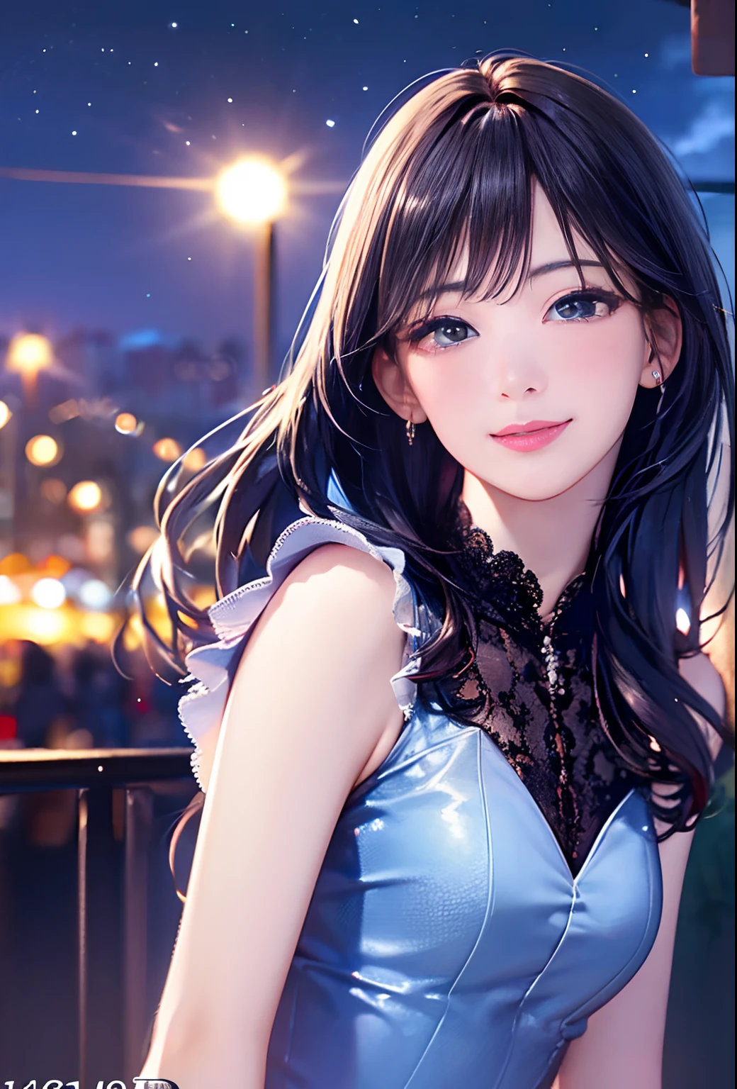 (8k, top quality, masterpiece: 1.2), (realistic, photorealistic: 1.37), super detailed, girl alone, cute, solo, midnight, beautiful detailed sky, detailed café, sitting, dating, (blush), (smile: 1.15), small breasts (mouth closed), beautiful fine eyes, floating hair NovaFrogStyle, back open dress, blue rose accessories, Blue rose background