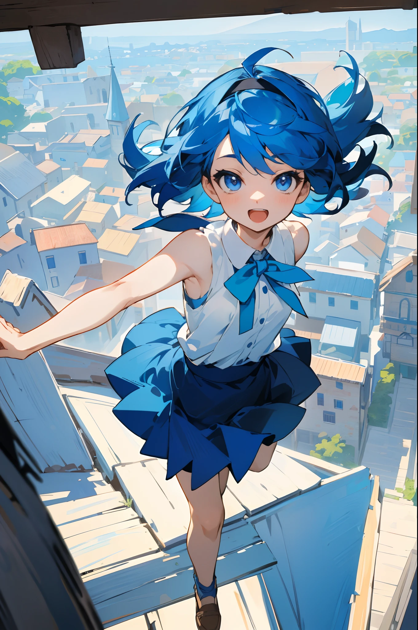 masterpiece, top-quality, small tits, Hair short like a boy、Dark blue hair、Light blue hair band:1.2、Blue eyes, sleeveless shirts, skirt by the, The upper part of the body, From above, Look at viewers, A smile, open open mouth, Rustic village