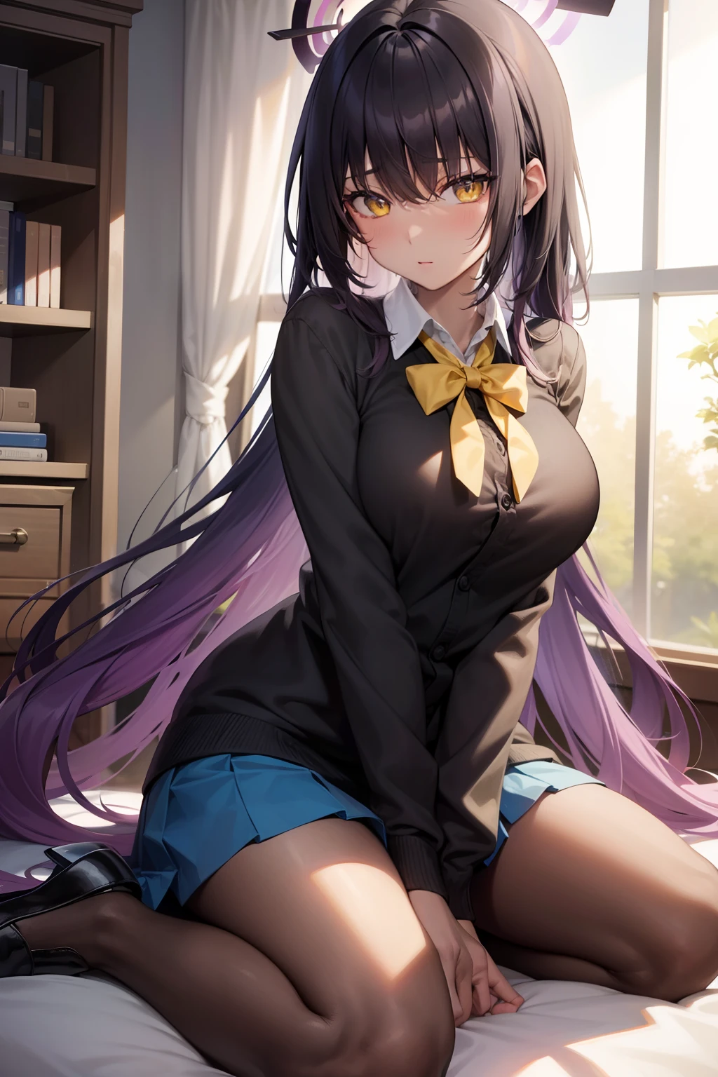 Blue Archive Karin, karin, Ahoge, Black hair, Dark skin, dark skinned female, Halo, Long hair, (Yellow eyes:1.5),Break Cardigan, Neck ribbon, Pleated skirt, bow ribbon, School uniform, Skirt, Blue cardigan, Naughty big、large full breasts、BREAK looking at viewer, Break indoors, crass room,BREAK (masutepiece:1.2), Best Quality, High resolution, Unity 8k壁纸, (Illustration:0.8), (Beautiful detailed eyes:1.6), extra detailed face, Perfect Lighting, extremely details CG, (Perfect hands, Perfect Anatomy),