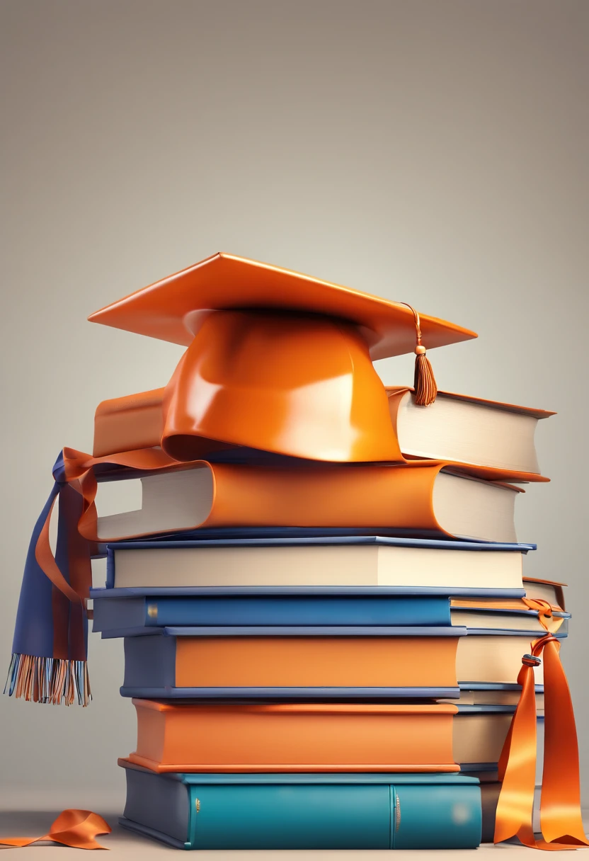 A Photograph: A 3D graduation cap adorned in vibrant shades of orange exudes jubilant energy atop a stack of books. Set against a clean and minimalistic white backdrop, the juxtaposition of dark blue accents with the cap creates a visually striking and scholarly atmosphere.