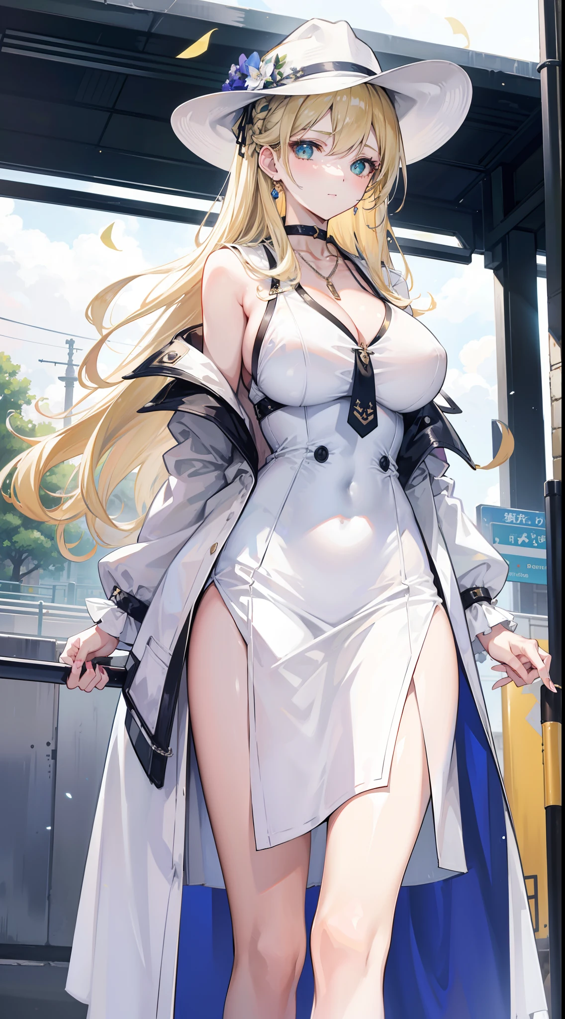 Chains,耳Nipple Ring,choker necklace,Forehead,middle parted hairstyle,femele,Train station,a beauty girl,Long light blonde hair,green pupills,Business suit,white business suit,in suit,White color blouse,short skirt,wind coat,Cowboy hat,Flower arrangement on a hat,The streets of London,high-heels,tiese,wind coat,ssmile,huge tit