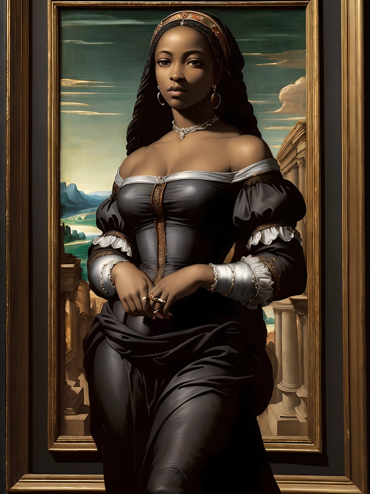 (Renaissance oil painting of a beautiful black woman:1.3), best quality, masterpiece, expressive, thrilling, 256k, epic, crepuscular lights, (by Michelangelo, by Rafael, by Rubens:1.2), chiaroscuro, best quality, masterpiece, (best hands)