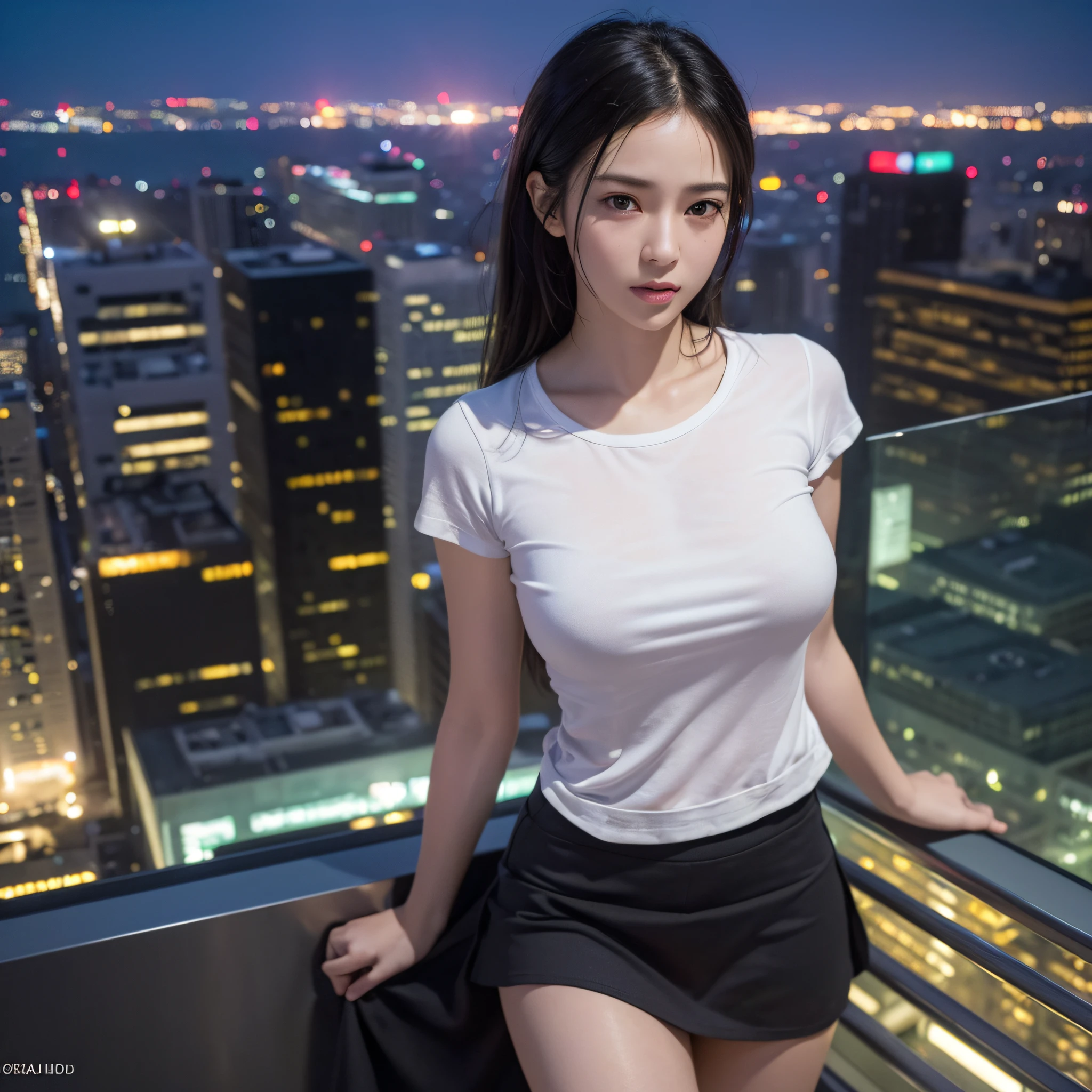 (((masterpiece, Best Quality:1.4, 8K, Hyper-Realism:1.4))), Photoreal, ultra high resolution, Physically Based Rendering, ultra Beautiful Sexy Woman, 24yo, Detailed large eyes, detailed thin eyebrows Highlights in the eyes, NSFW, Clear focus:1.2, Slender beauty:1.4, ((gigant breasts:1.4)), Slim abs:1.1, Full nudity, ((((topless)))), ((Wearing only a see through:1.3 black ultra-short miniskirt, Not wearing panties:1.3)), dark brown long hair style, half-updo hair, Long bangs, Highly detailed facial and skin texture, Crisp focus, high-heels, Looking at Viewer, oval-face, Lip gloss, slight smile:1.3, Sensual look, Clear facial features, beautiful expression, (((Camel toe, legs spread super wide, she is rolling up her skirt))), Spread of the genitals, Exposed, Naked genitals, public indecency, Pubic hair, Constriction of the lower back, night view of skyscrapers:1.3, night sky full of stars,